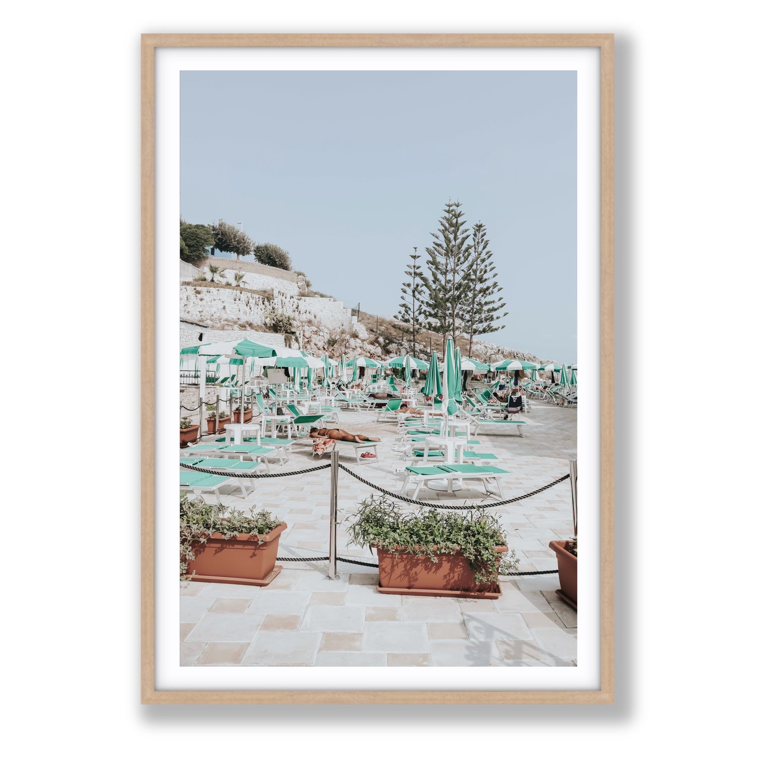 Siesta on The Terrace Puglia coastal wall art Statement fine art print in natural oak frame with matboard