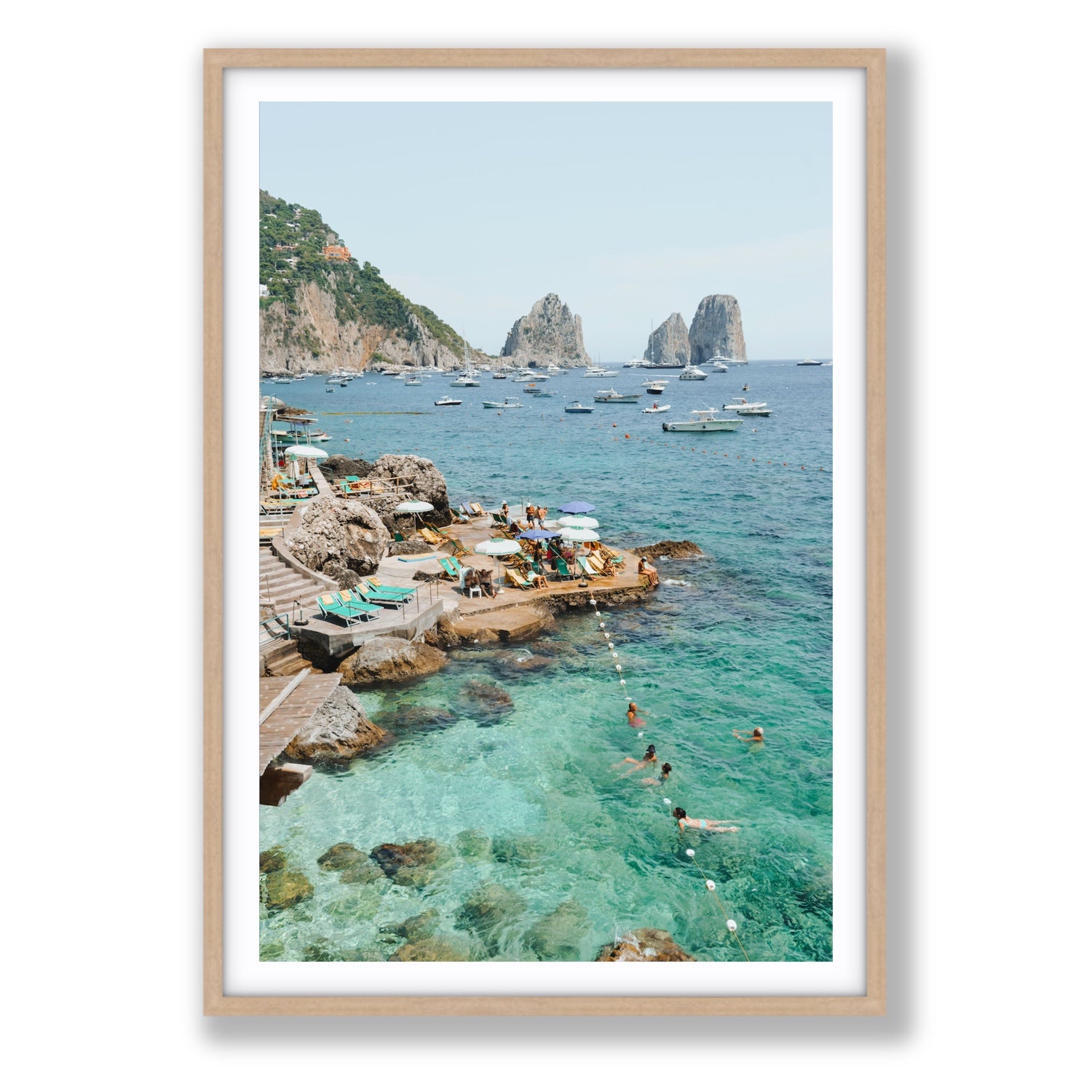 Summertime Blues Capri Mediterranean wall art Statement fine art print in natural oak frame with matboard