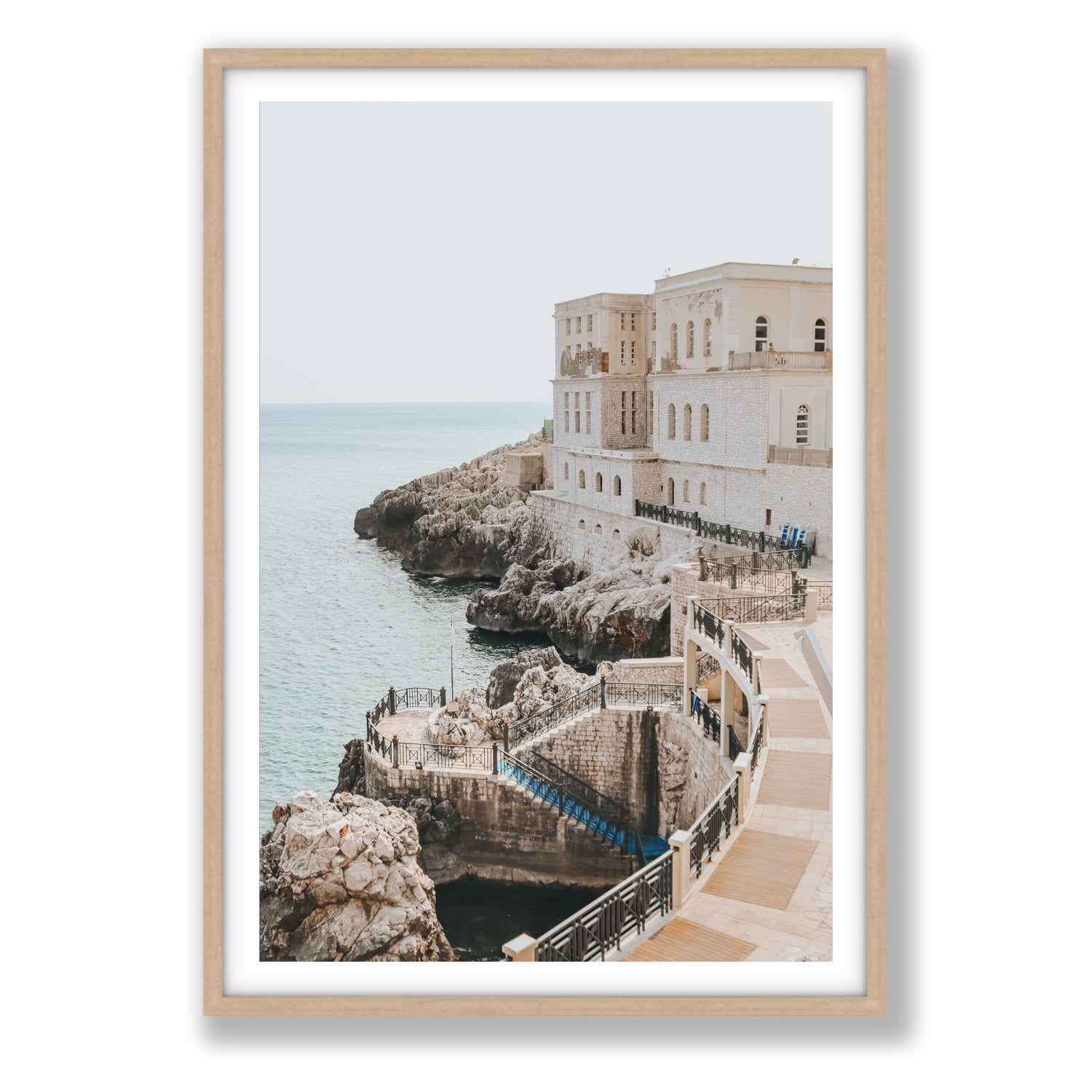 Santa Cesarea Puglia Italian coastal wall art Statement fine art print in natural oak frame with matboard