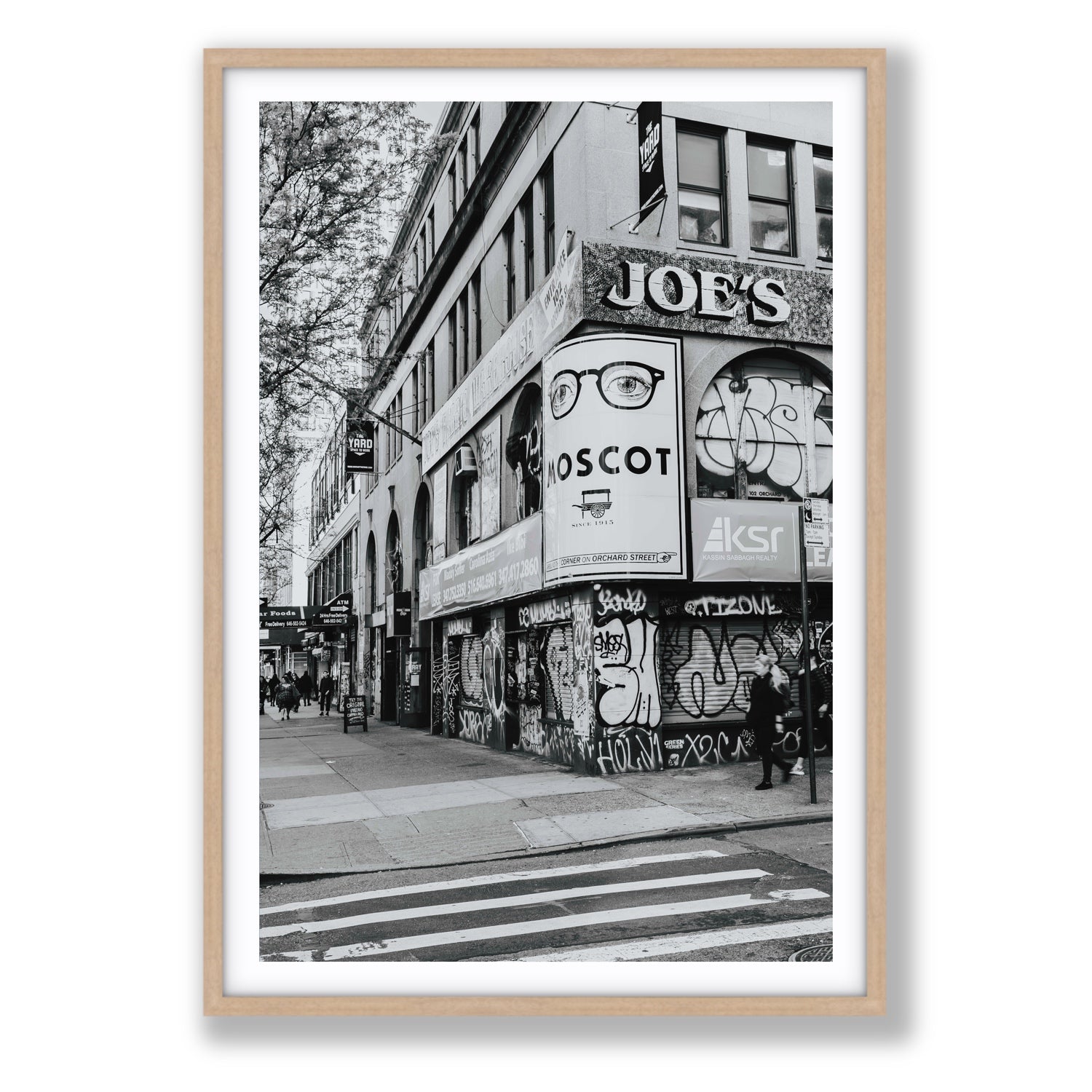 Lower East Side Murals New York NYC Black & White wall art Statement fine art print in natural oak frame with matboard