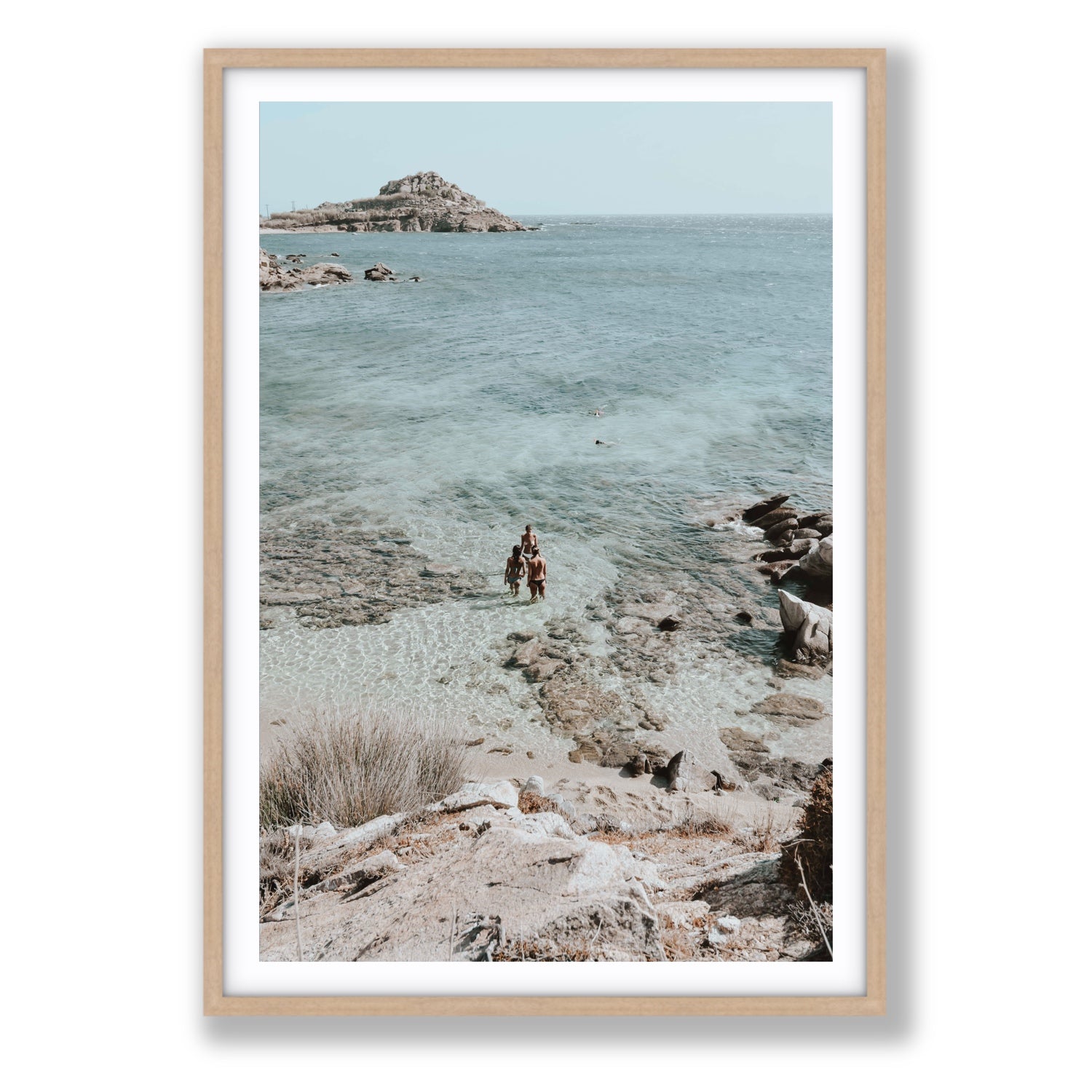 Island Life Mykonos coastal Greek island wall art Statement fine art print in natural oak frame with matboard