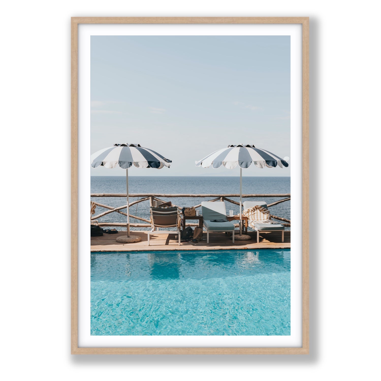 Beach Retreat fine art print, Ischia, Italy, european beach clubs artwork, Statement, Natural Oak Frame · Matboard, Fine Art Print