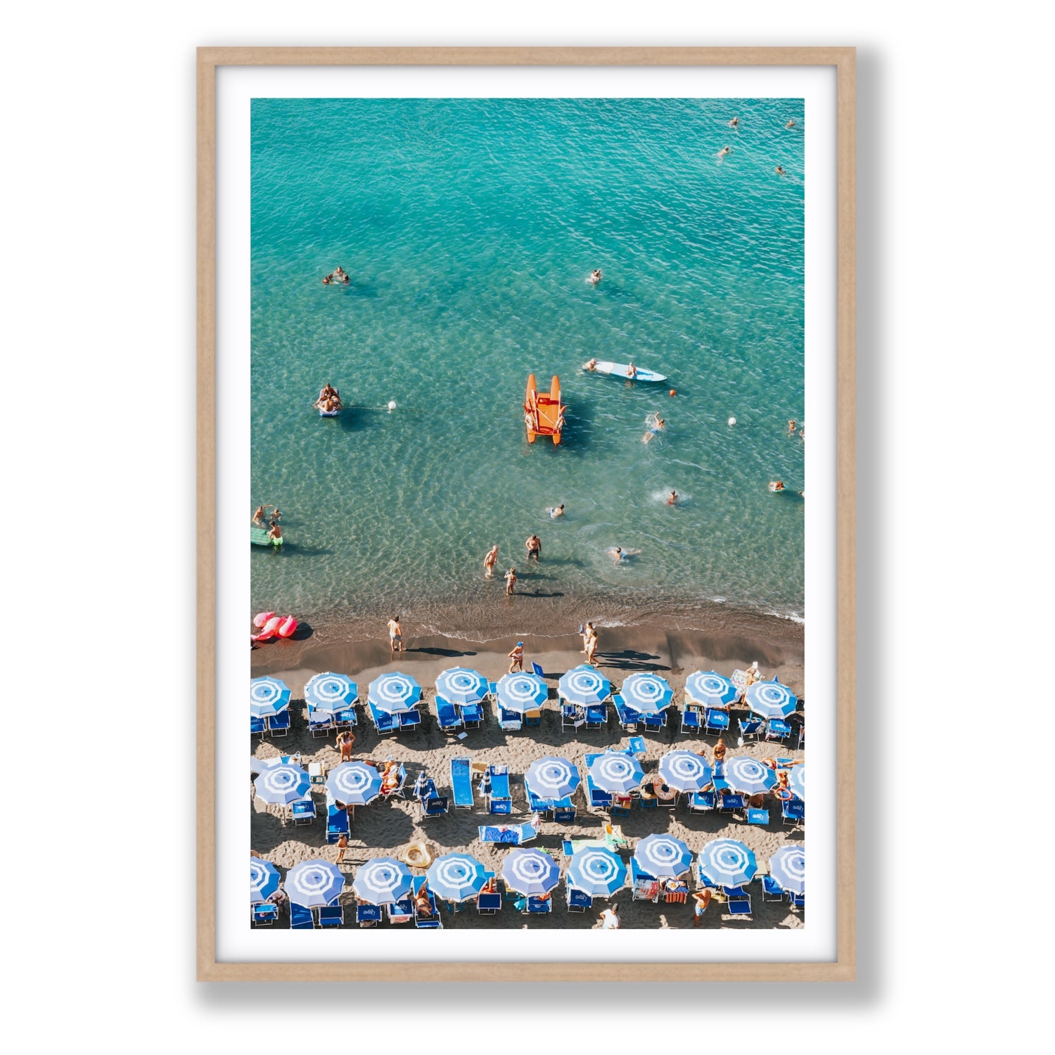 Aquamarine Oasis Sorrento Italian coastal wall art Statement fine art print in natural oak frame with matboard