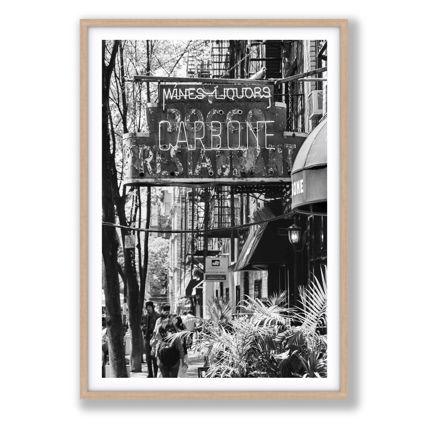 Paparazzi To Pasta New York NYC Black & White wall art Statement fine art print in natural oak frame with matboard