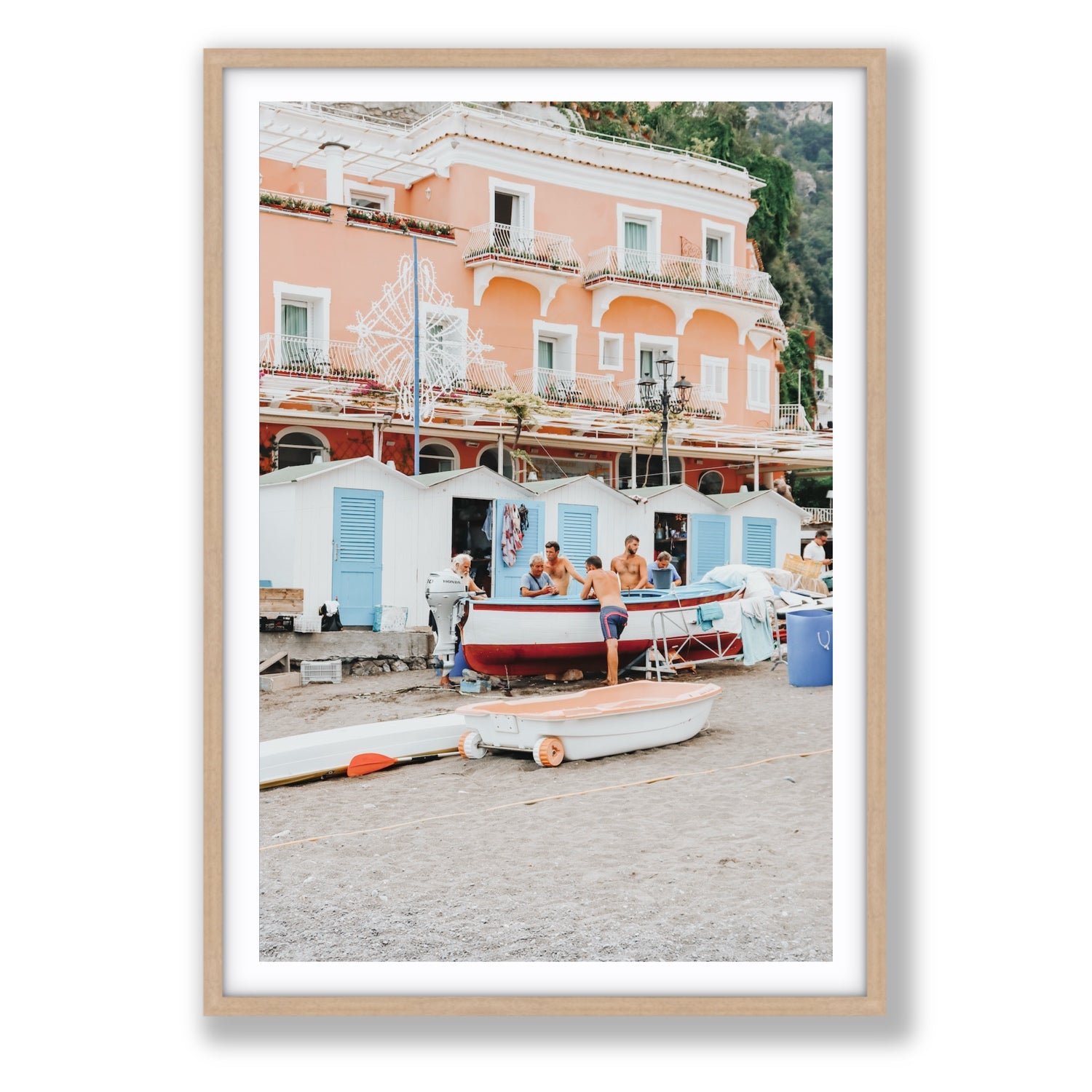 La Riunione della Mattina fine art print, Positano, Italy, Statement, Natural Oak Frame · Matboard, Fine Art Print