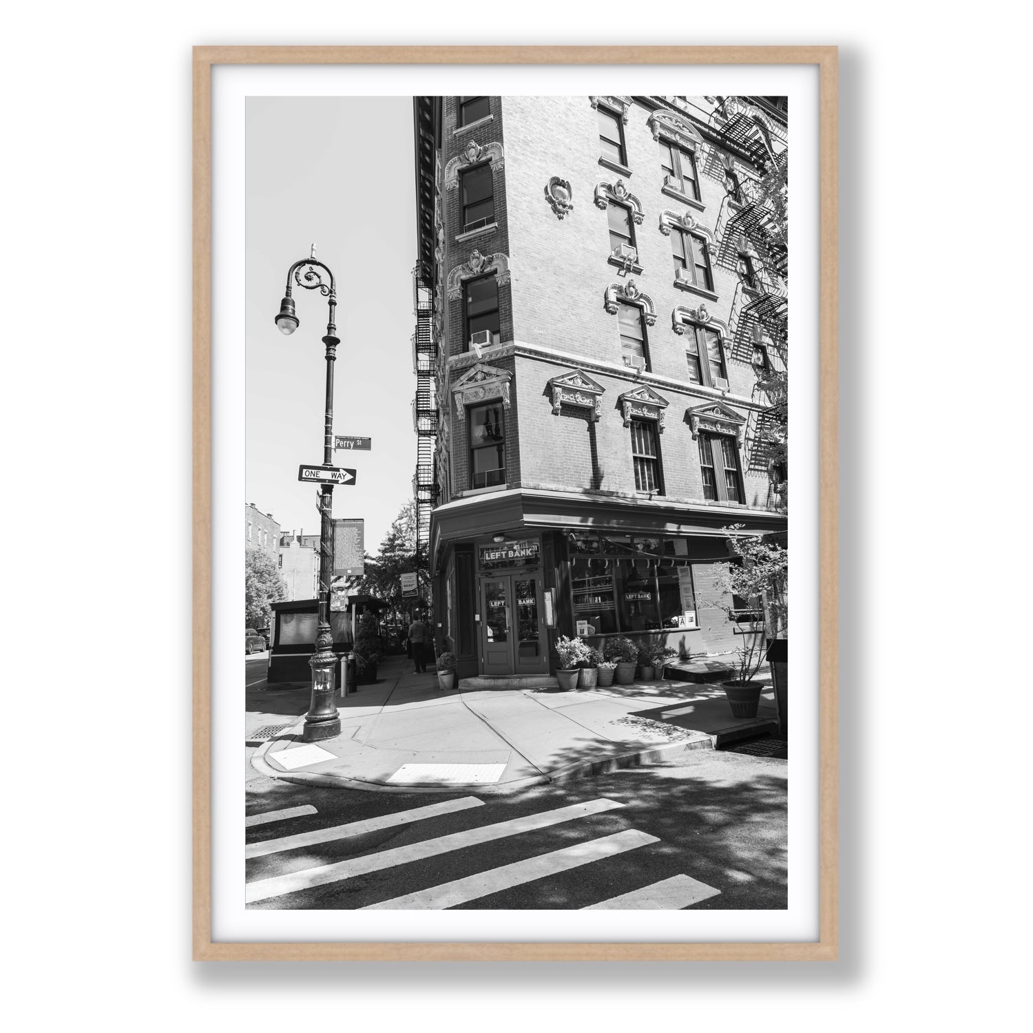 Parisian On Perry New York NYC Black & White wall art Statement fine art print in natural oak frame with matboard