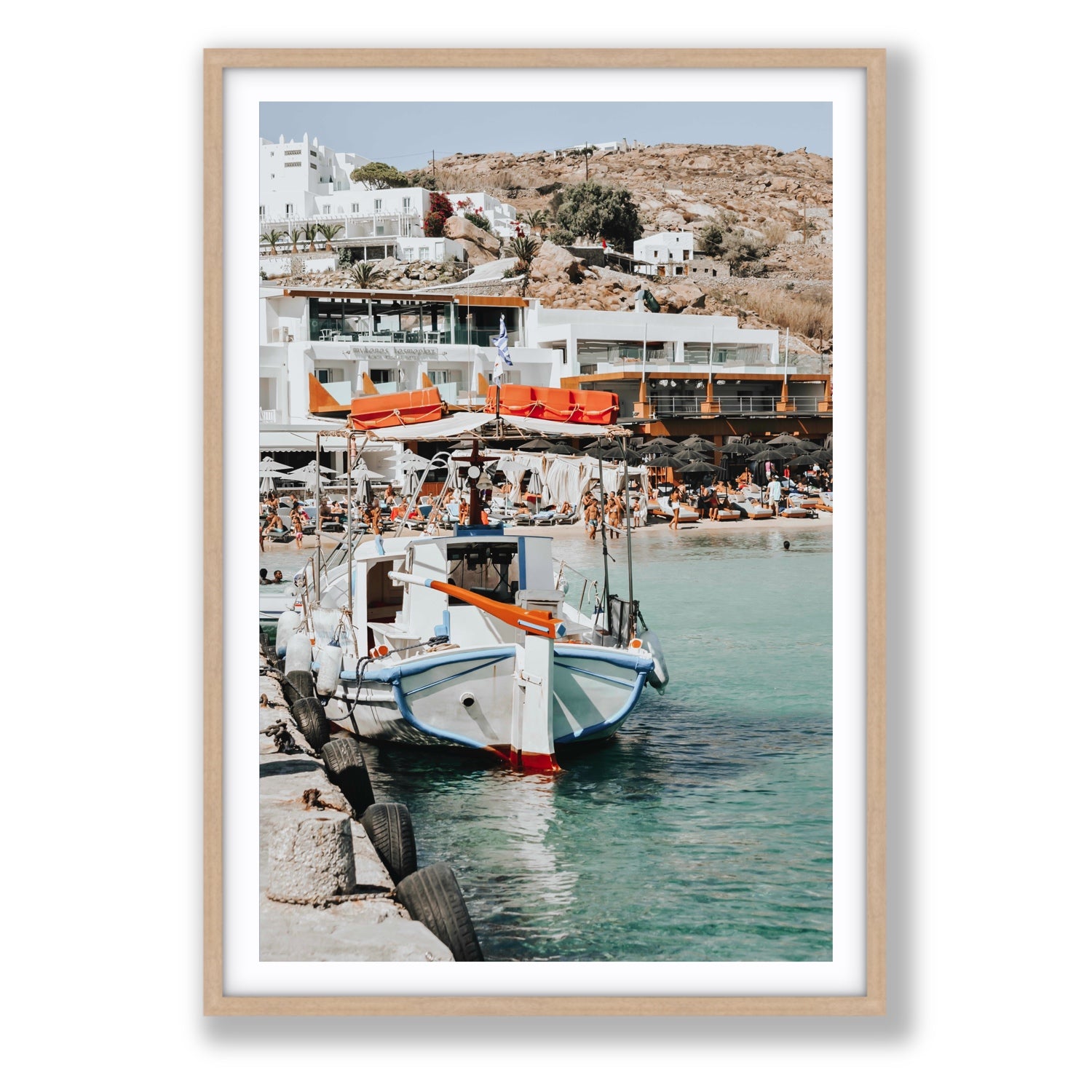 Travel In Style Mykonos Greek island wall art Statement fine art print in natural oak frame with matboard