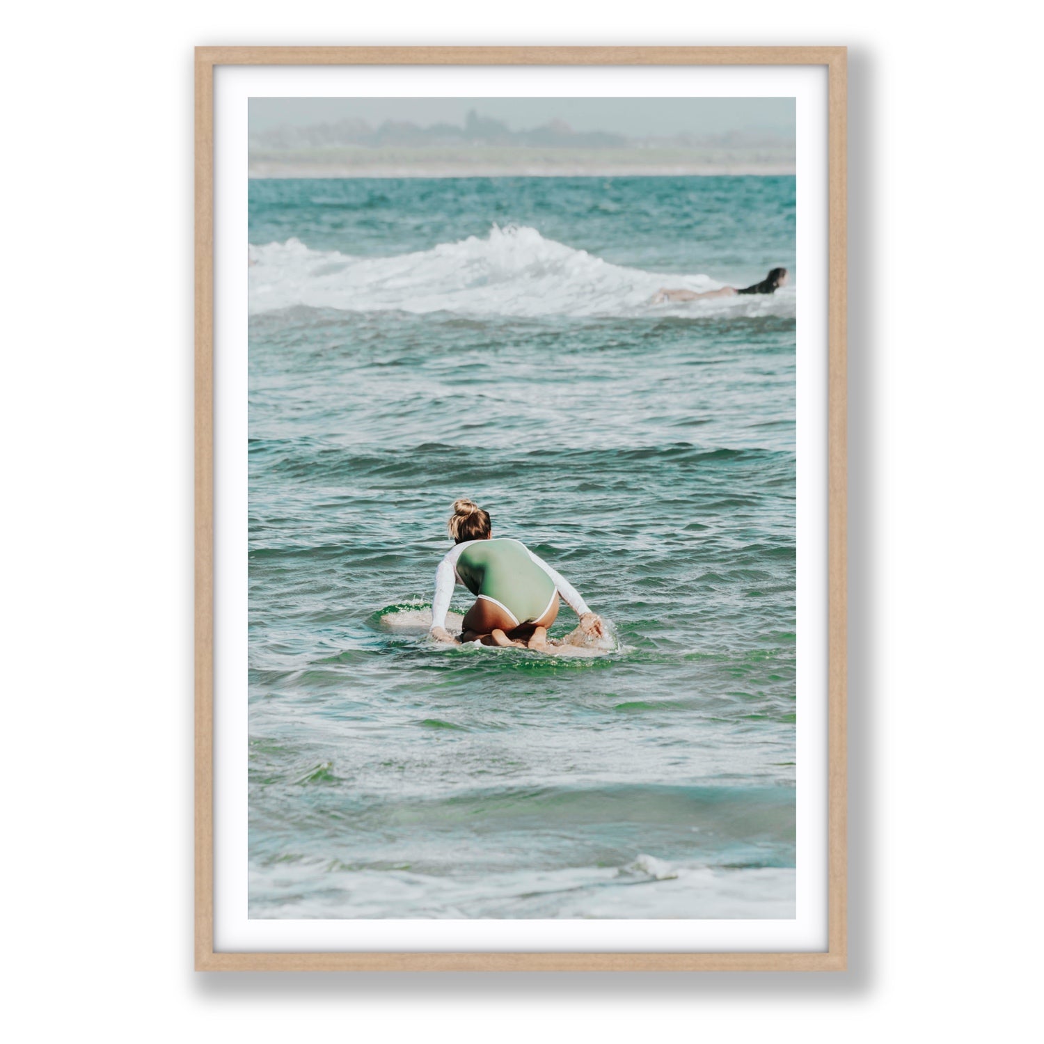Quincy Byron Bay Surf coastal wall art Statement fine art print in natural oak frame with matboard