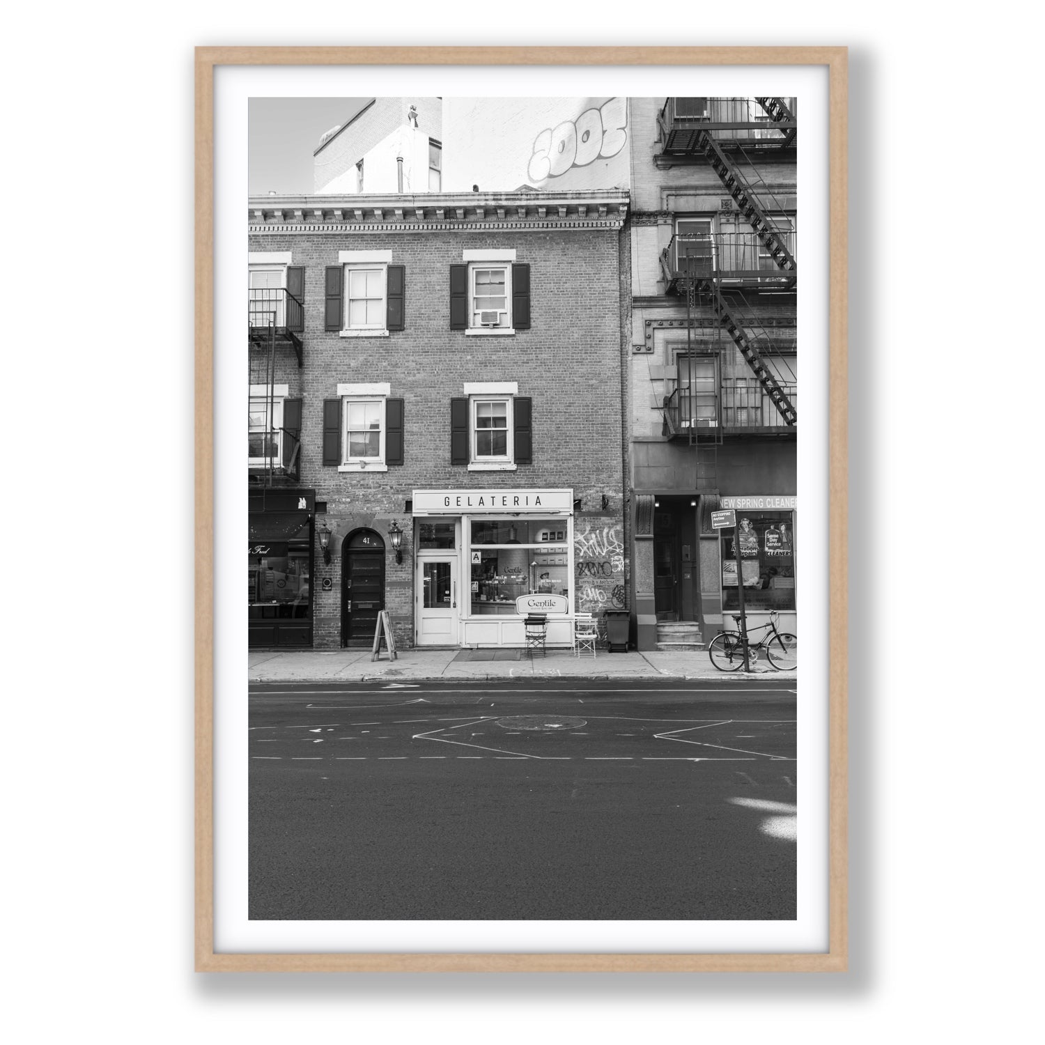 Gelateria New York NYC Black & White wall art Statement fine art print in natural oak frame with matboard