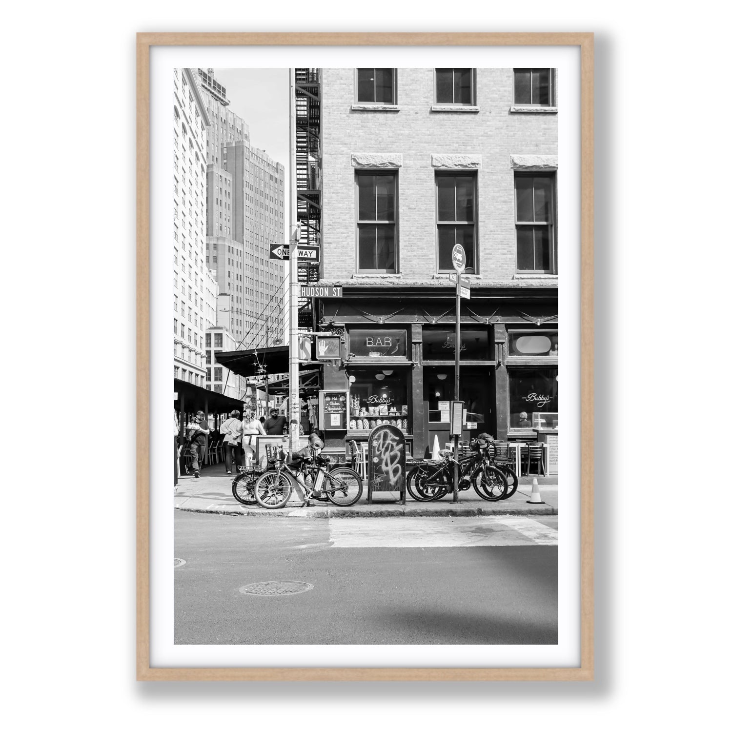 Bites Of The Big Apple New York NYC Black & White wall art Statement fine art print in natural oak frame with matboard