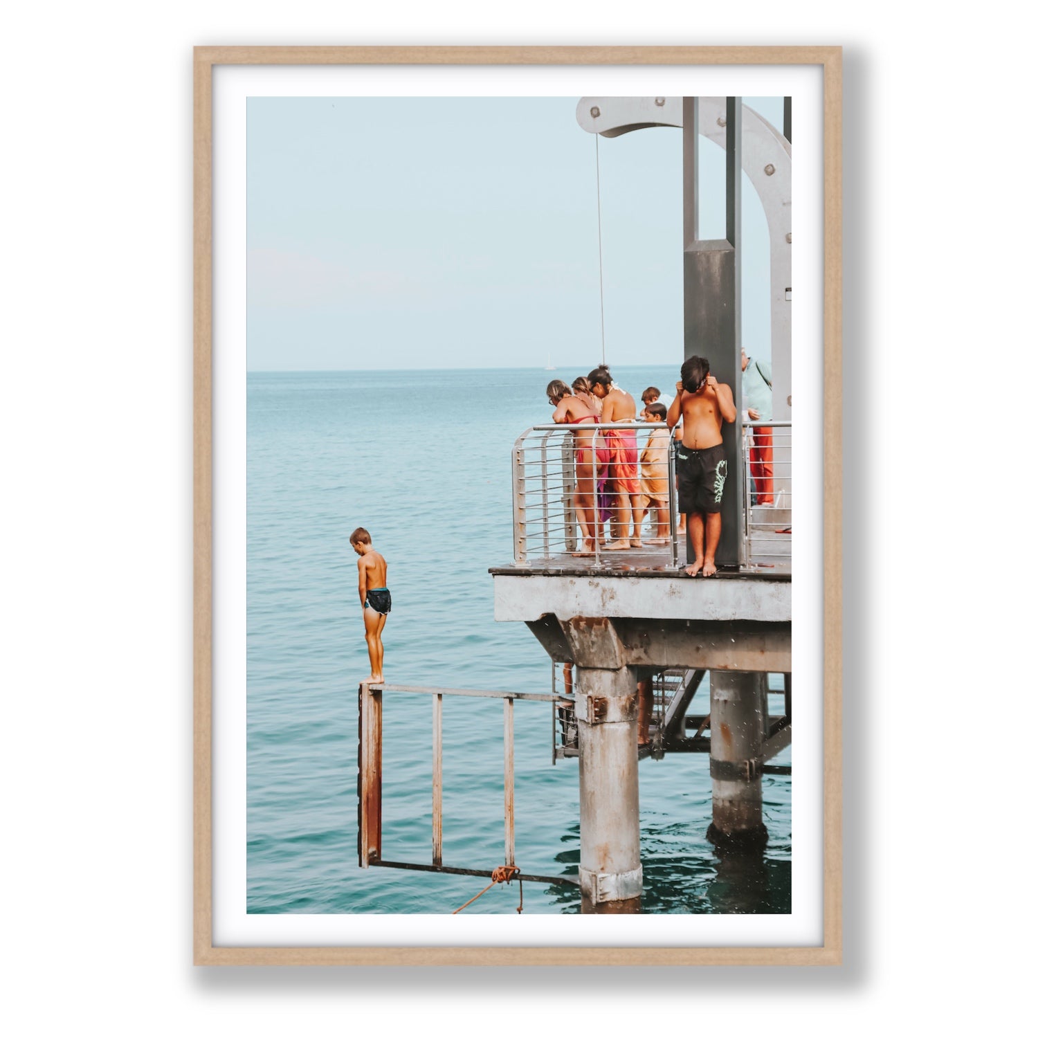 Golden Boy Alassio coastal decor wall art Statement fine art print in natural oak frame with matboard