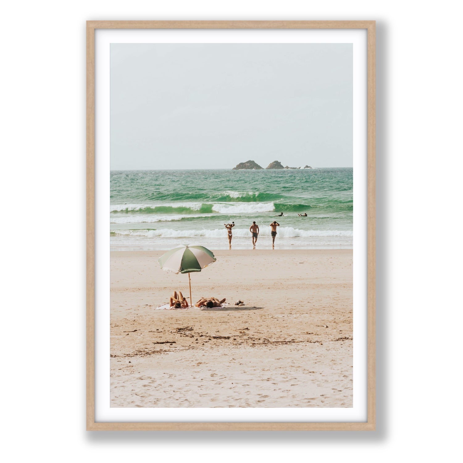 Escape The Ordinary Byron Bay coastal decor wall art Statement fine art print in natural oak frame with matboard