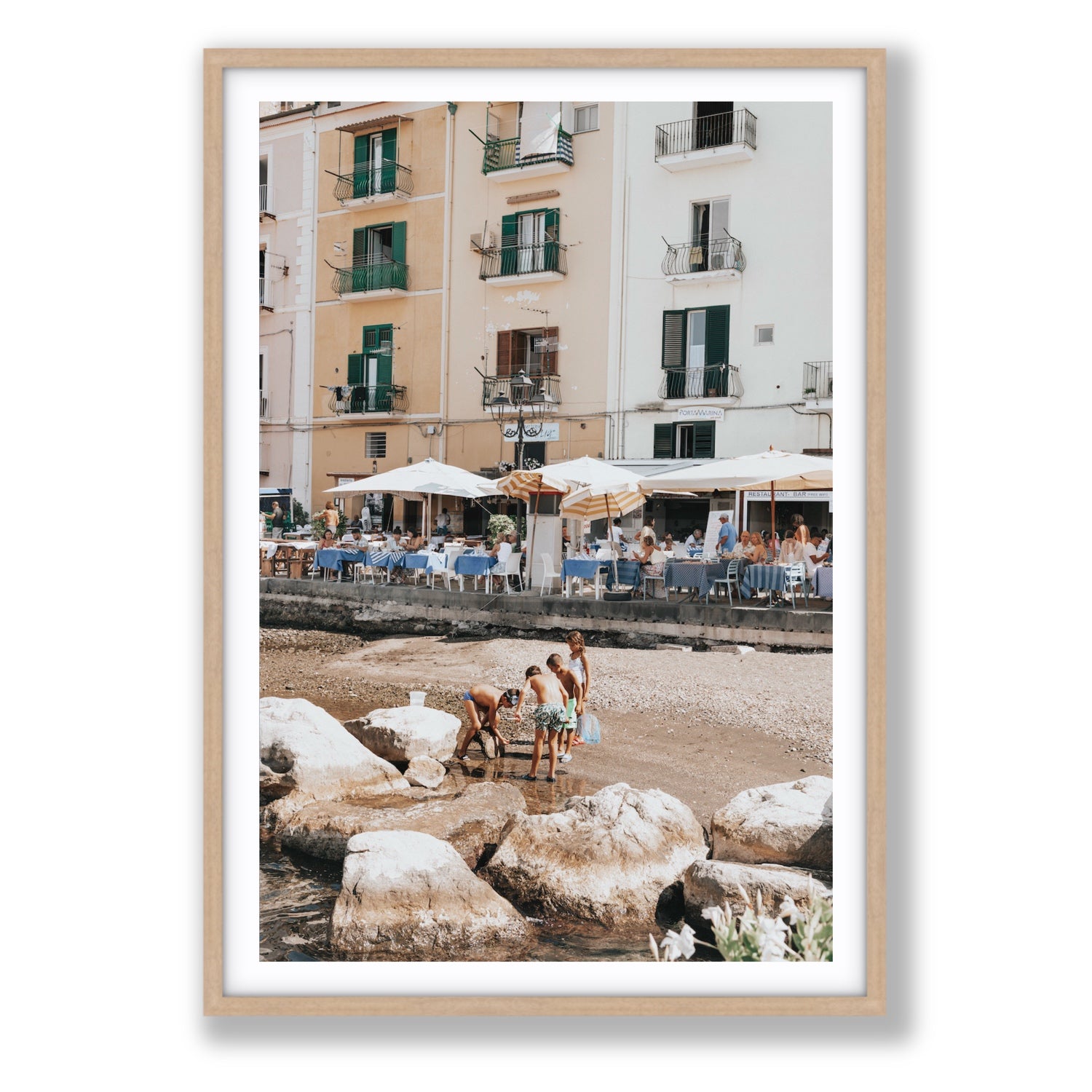 Sunny Playtime Sorrento coastal wall art Statement fine art print in natural oak frame with matboard