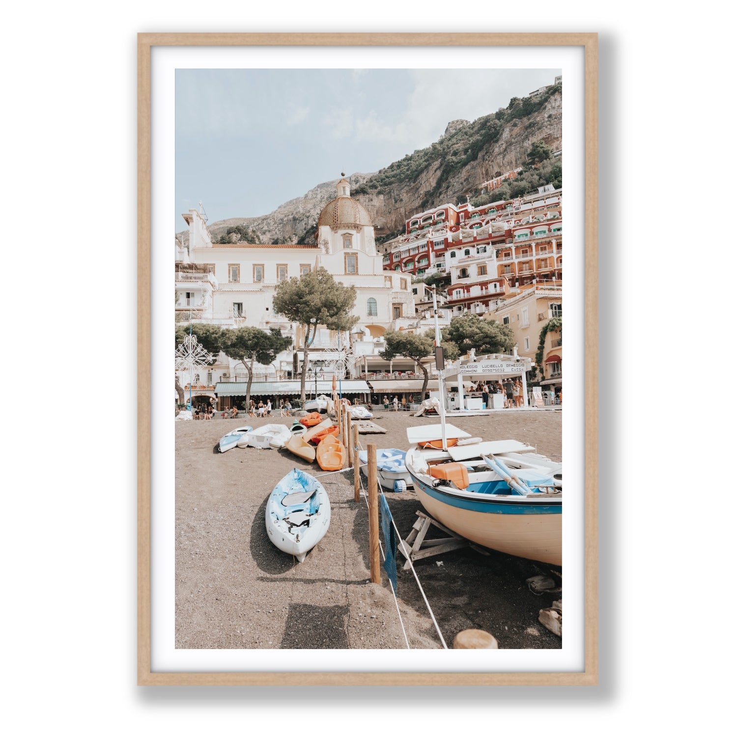 Seaside Hues Positano wall art Statement fine art print in natural oak frame with matboard