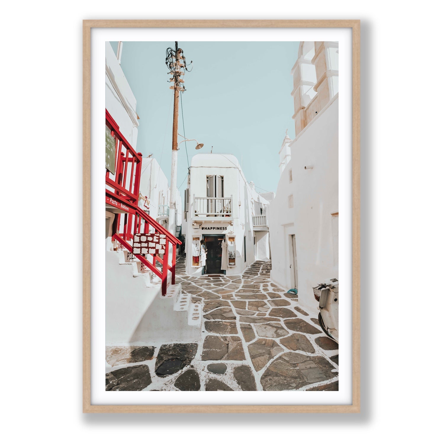 Happiness Mykonos Greek island wall art Statement fine art print in natural oak frame with matboard