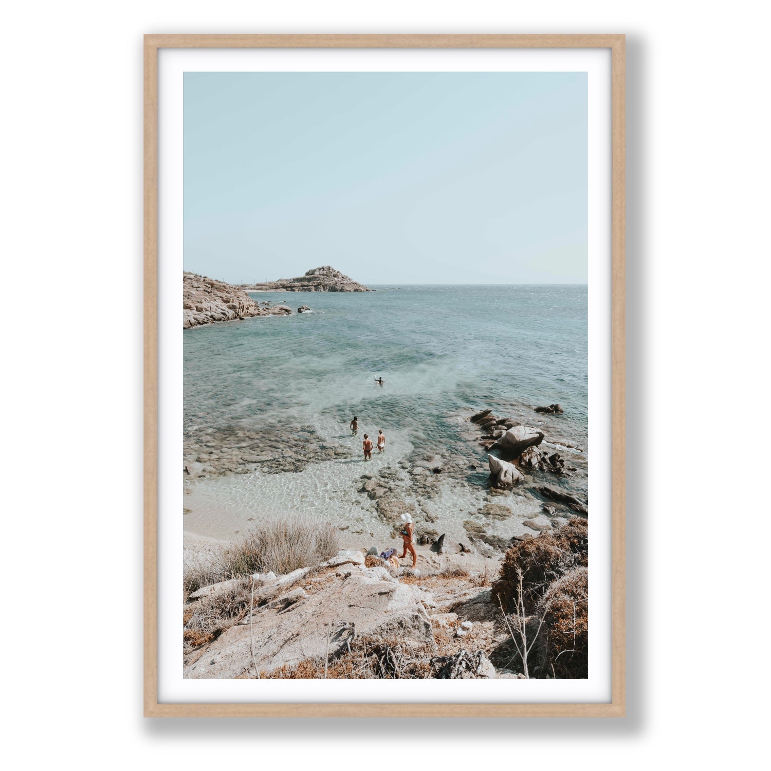 Explorers Mykonos Greek island wall art Statement fine art print in natural oak frame with matboard