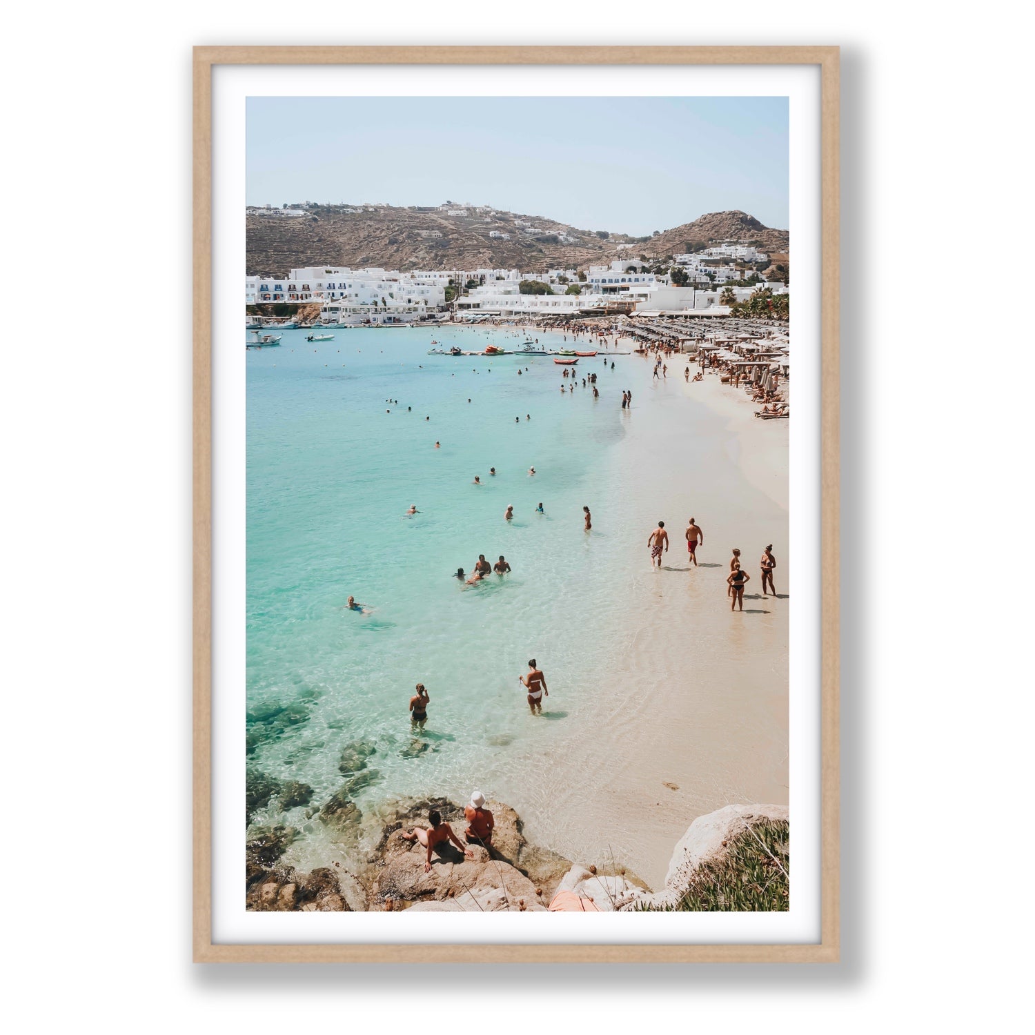 Breathe In The Salty Air Mykonos Greek island wall art Statement fine art print in natural oak frame with matboard