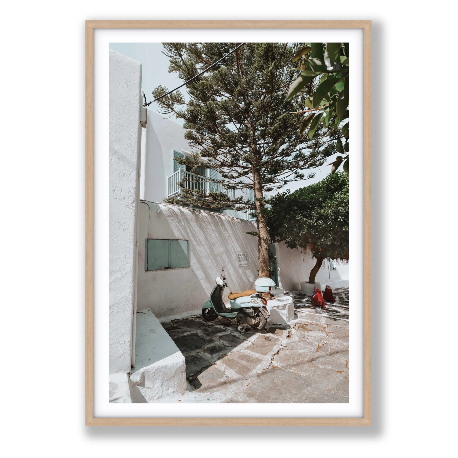 The Getaway Mykonos Mediterranean Greek island art print Statement fine art print in natural oak frame with matboard