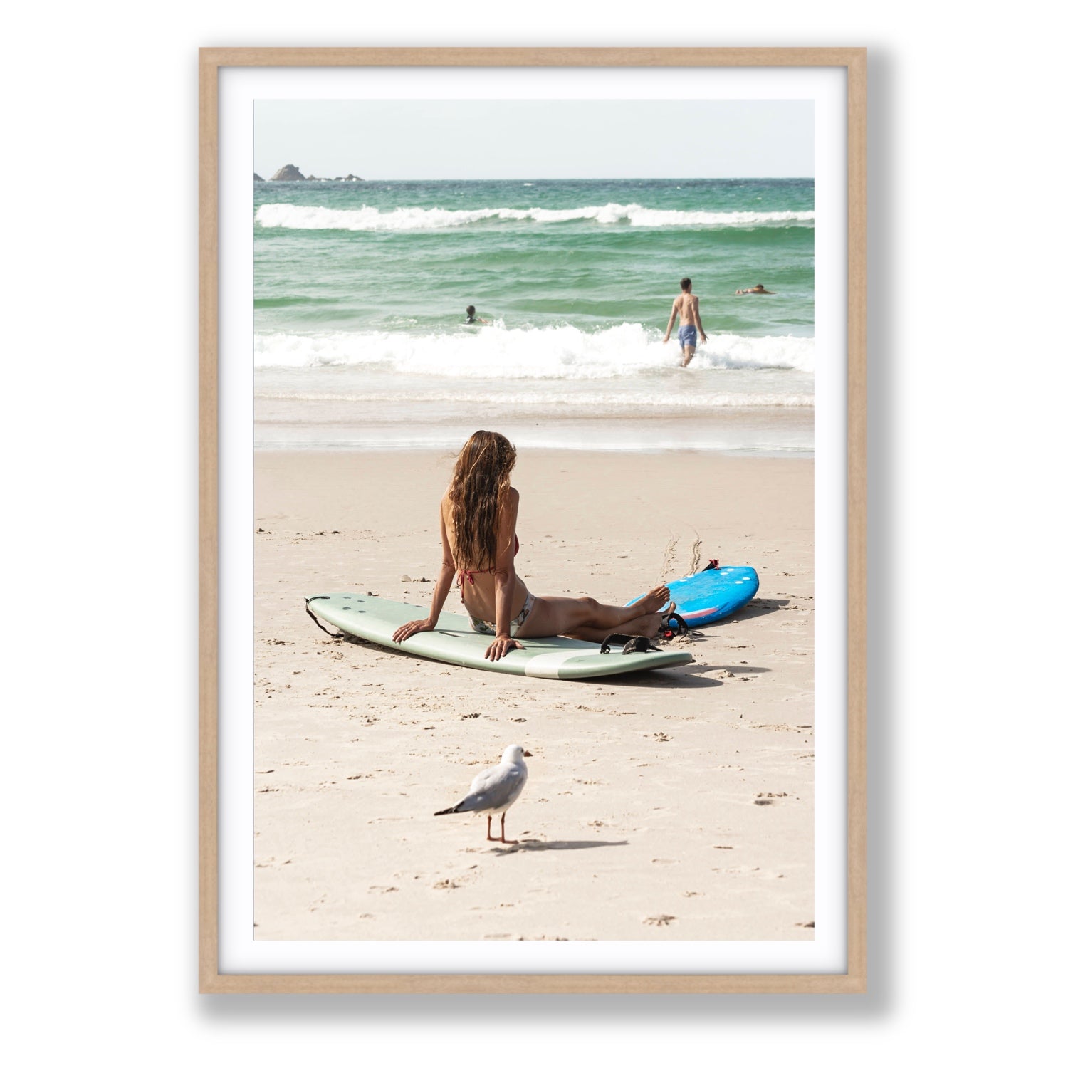 Carissa Byron Bay Surf coastal wall art Statement fine art print in natural oak frame with matboard