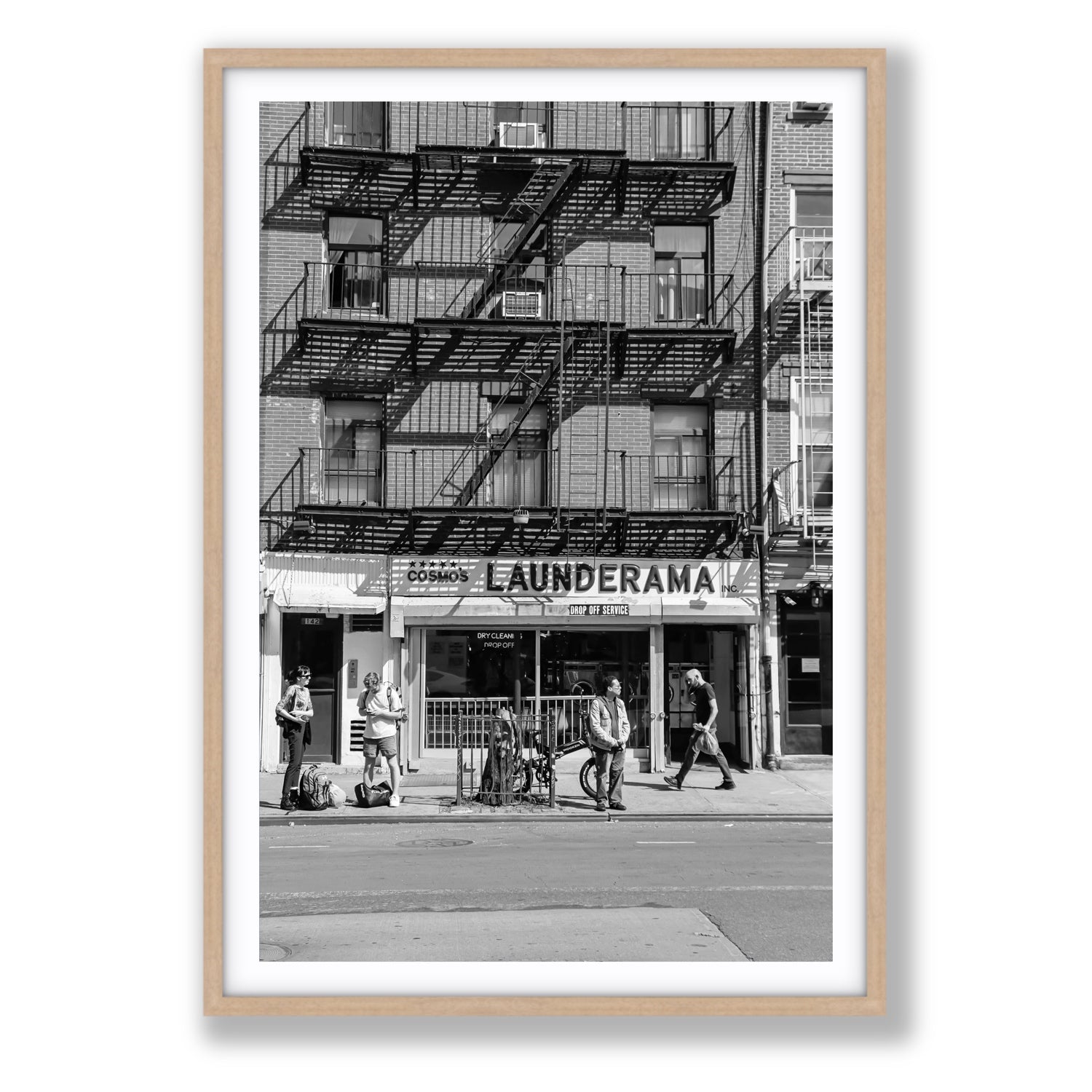 Bus Stop New York NYC Black & White wall art Statement fine art print in natural oak frame with matboard