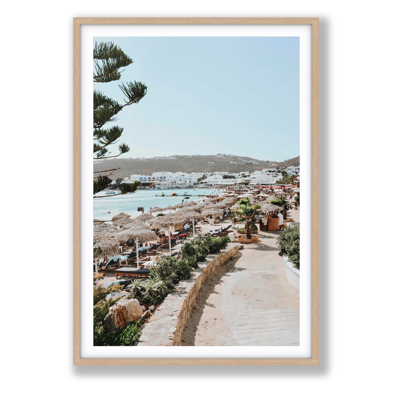 All Roads Lead To The Beach Mykonos Greek island wall art Statement fine art print in natural oak frame with matboard