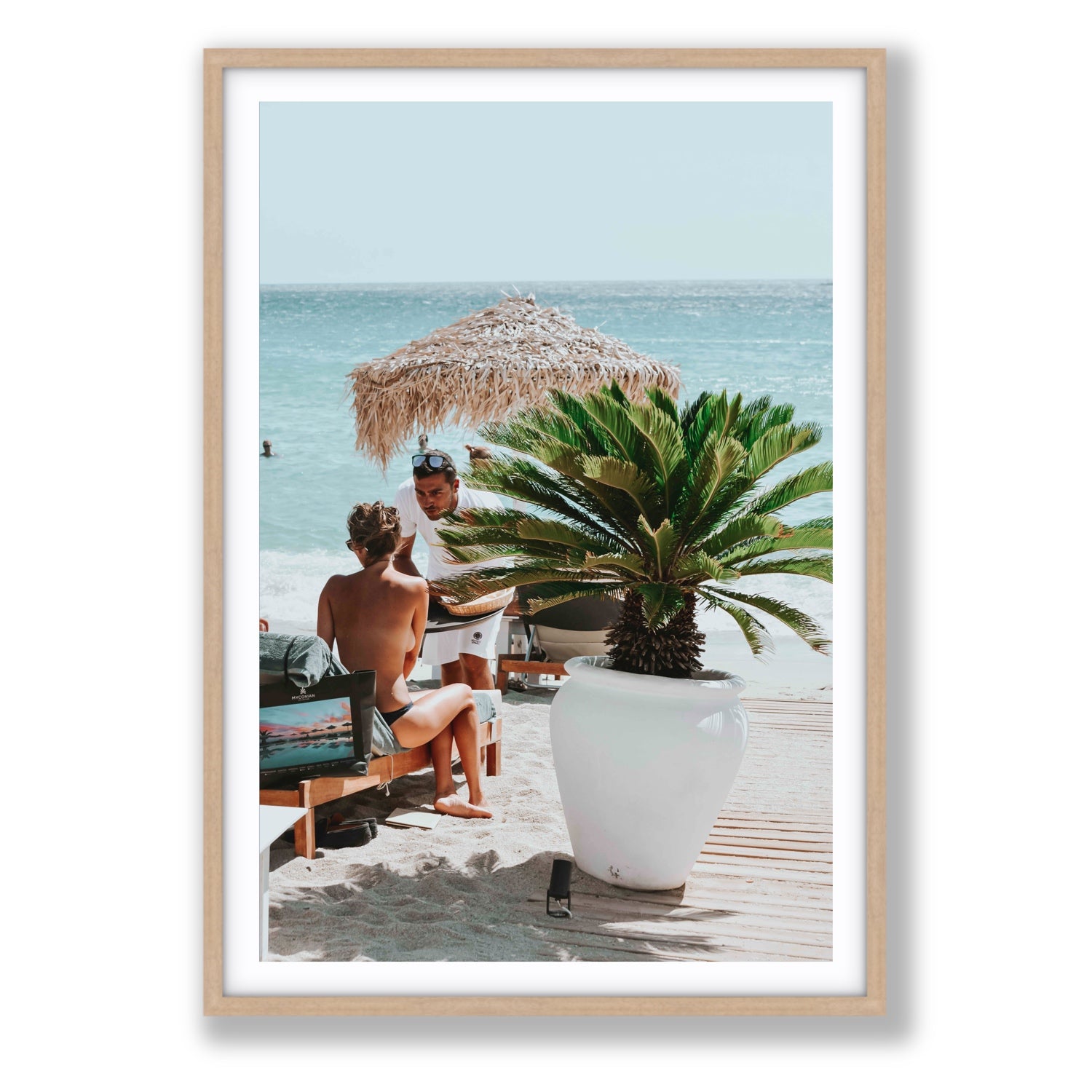 At Your Service Mykonos Greek island wall art Statement fine art print in natural oak frame with matboard