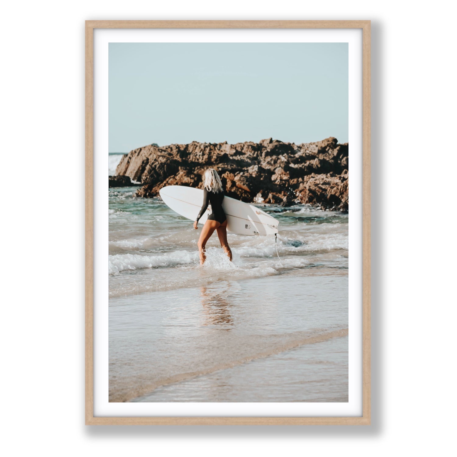 Bethany Byron Bay Surf coastal decor wall art Statement fine art print in natural oak frame with matboard