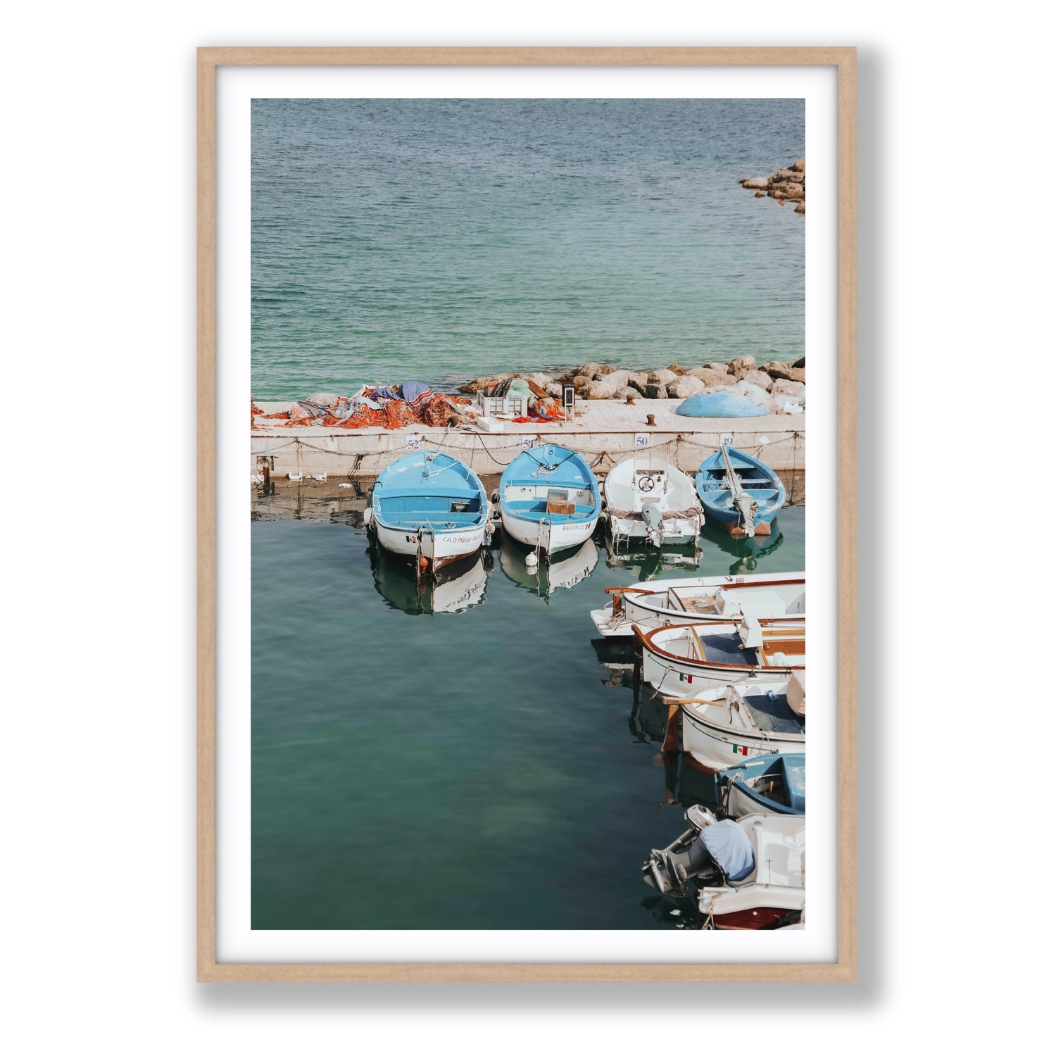 Maritime Memories Puglia Harbour Reflections coastal wall art Statement fine art print in natural oak frame with matboard
