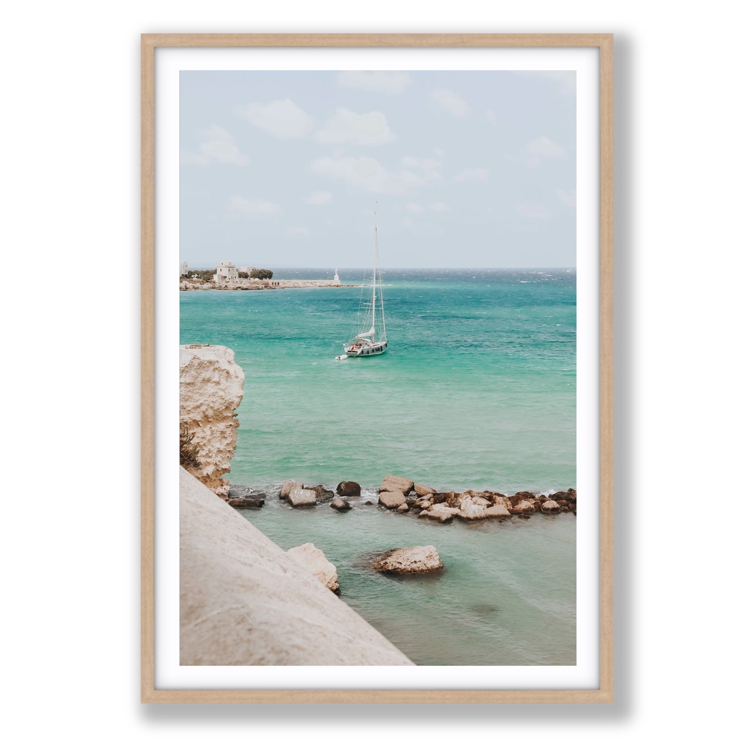 Seafarer's Dream Puglia Seafarer’s Dream coastal wall art Statement fine art print in natural oak frame with matboard