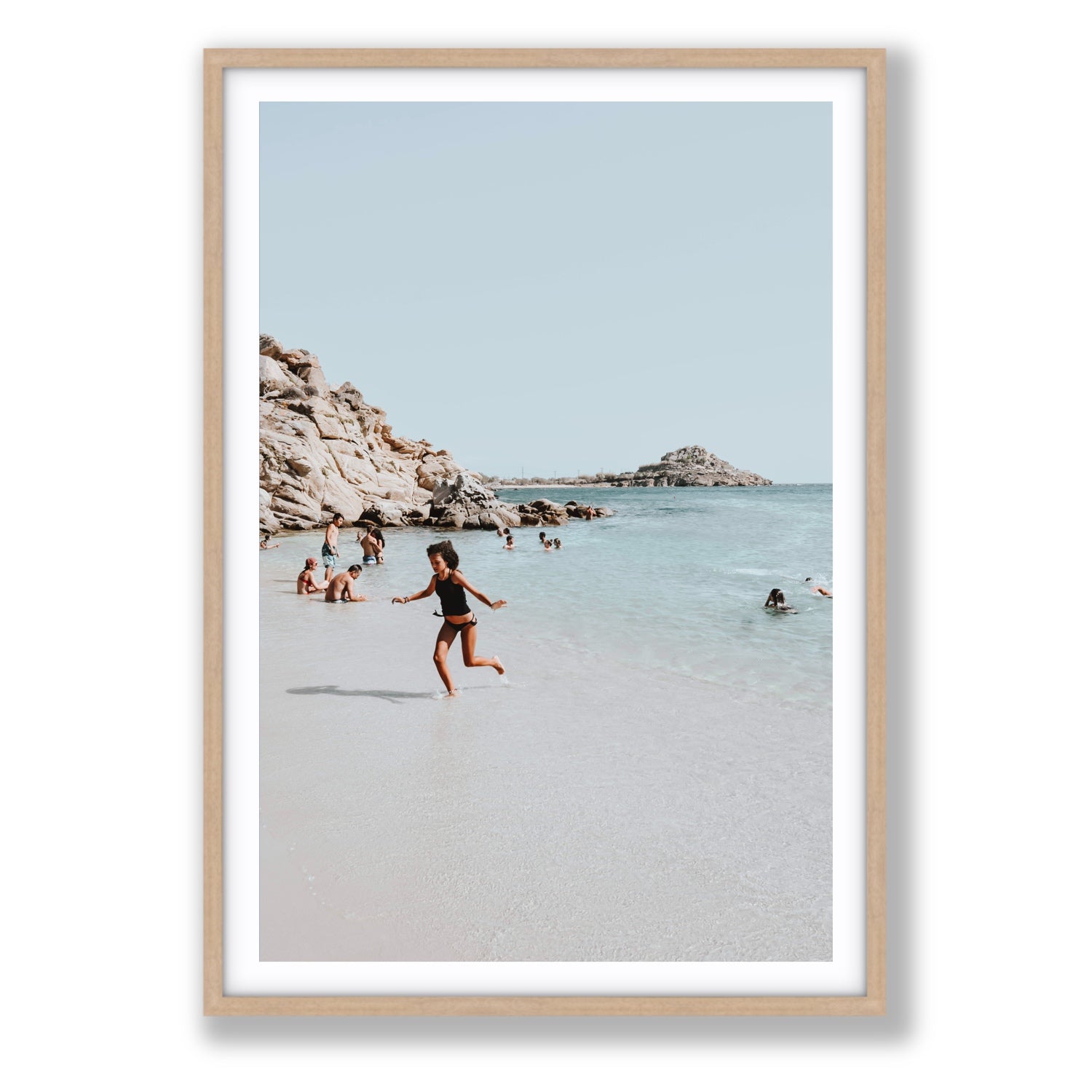 Skipping Angel Mykonos Greek island decor wall art Statement fine art print in natural oak frame with matboard