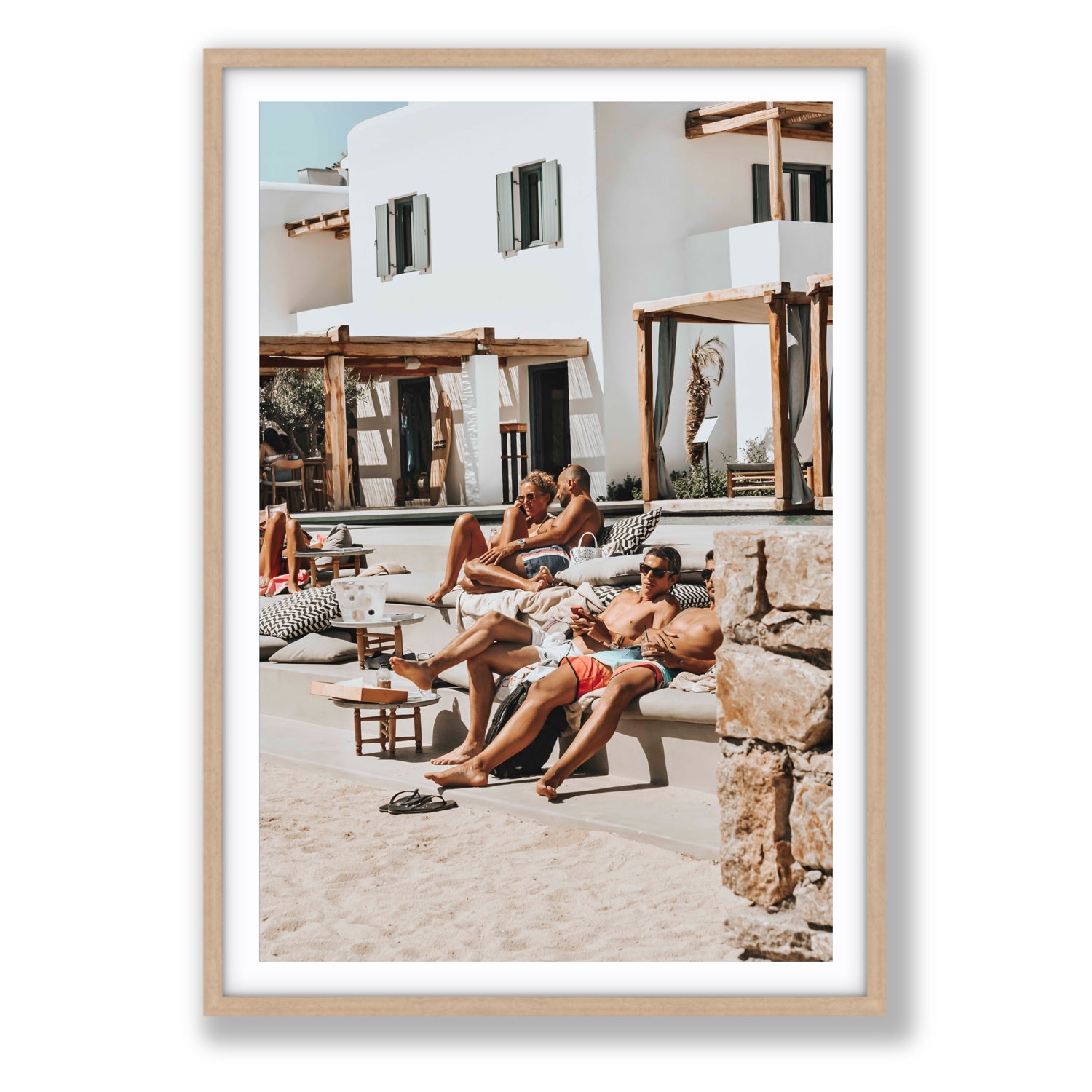 Style That Sizzles Mykonos Greek island wall art Statement fine art print in natural oak frame with matboard