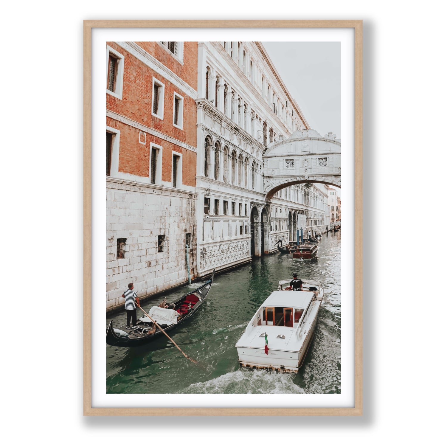Under the Bridge Venice Gondola Italian wall art Statement fine art print in natural oak frame with matboard