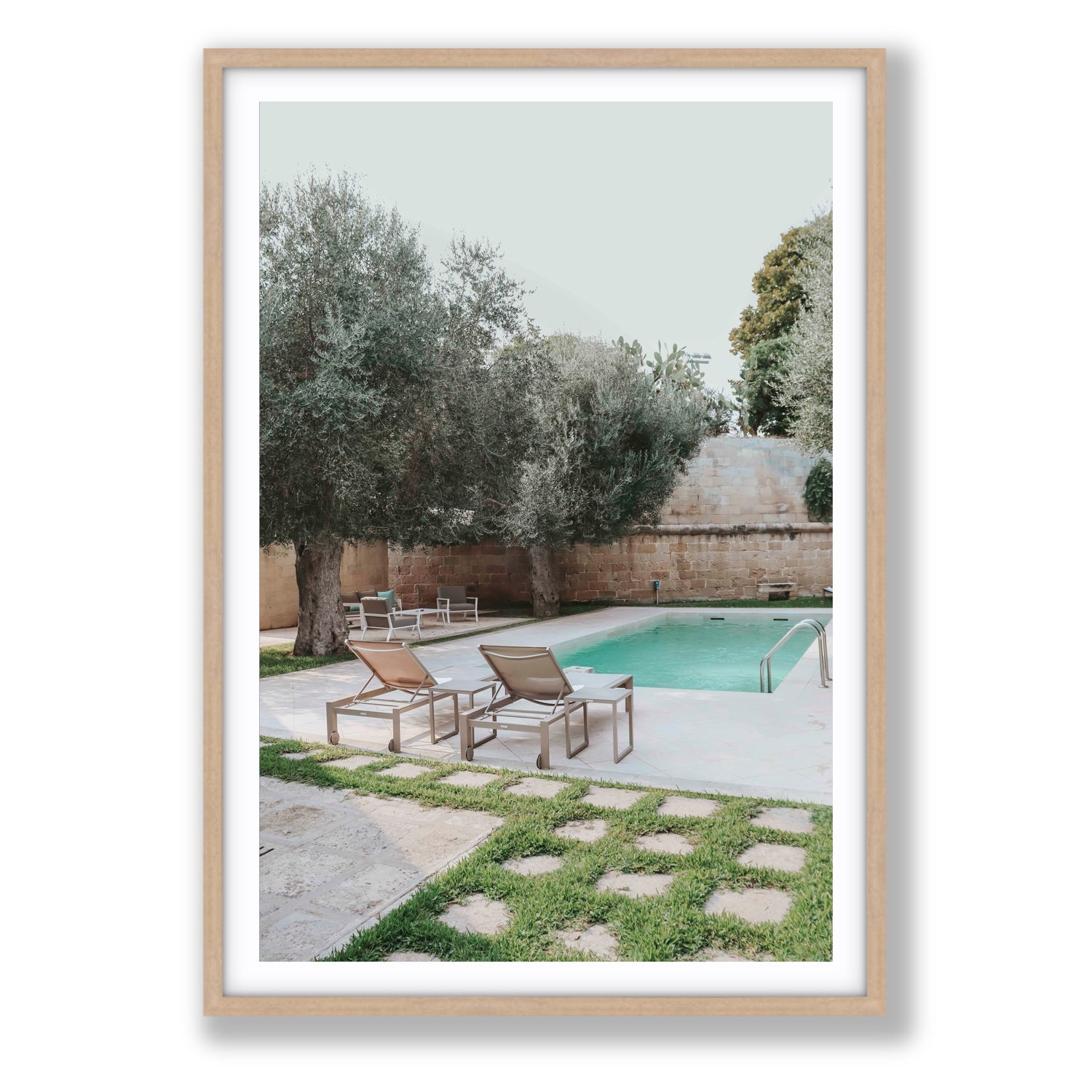 Olive Oasis Puglia Mediterranean wall art Statement fine art print in natural oak frame with matboard