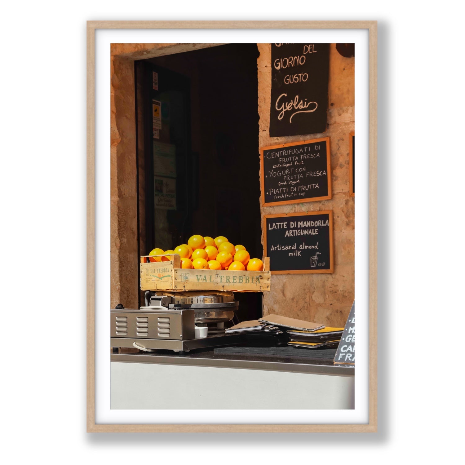 Luminous Citrus Puglia Ostuni Italian wall art Statement fine art print in natural oak frame with matboard