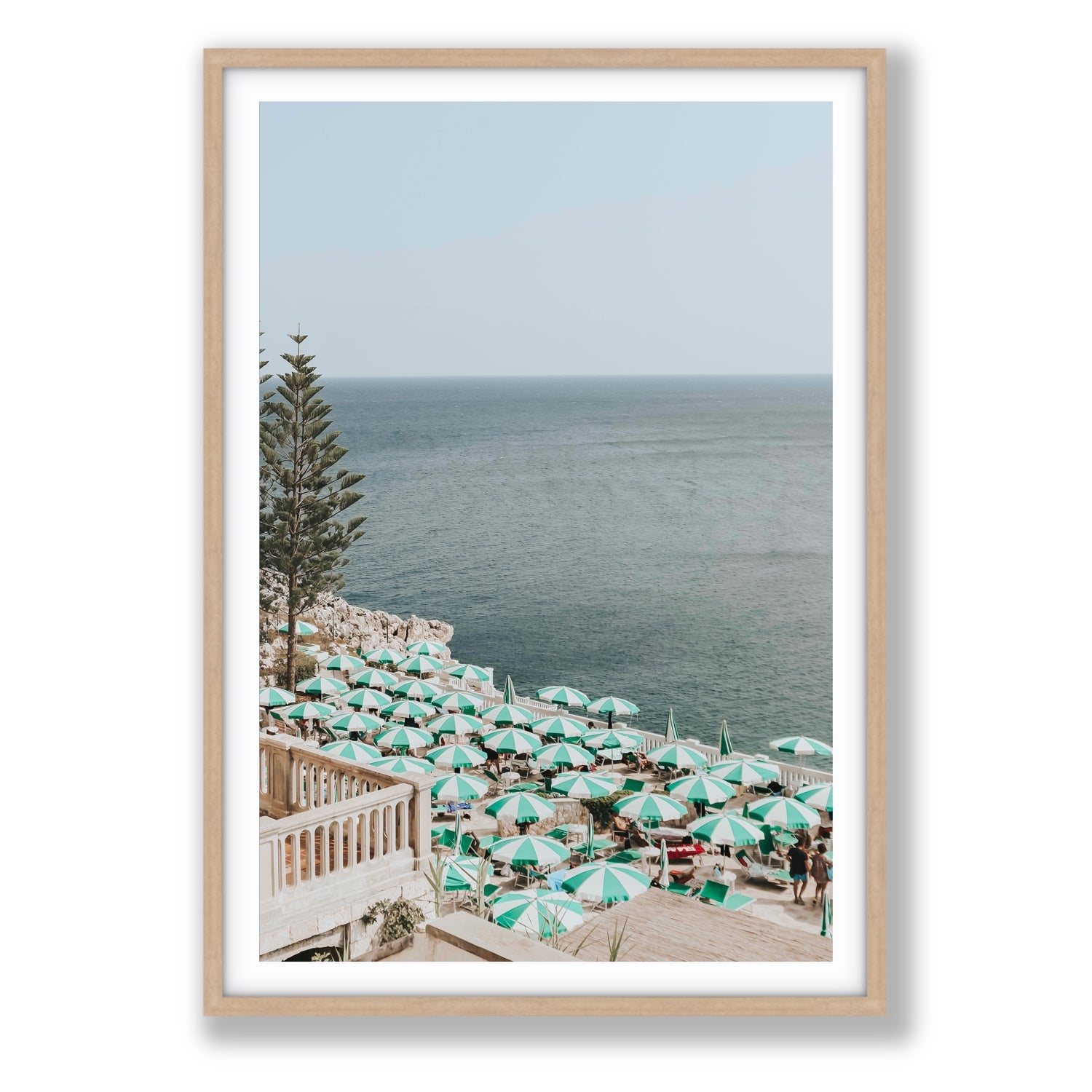 Sun-drenched Stripes Puglia beach coastal wall art Statement fine art print in natural oak frame with matboard