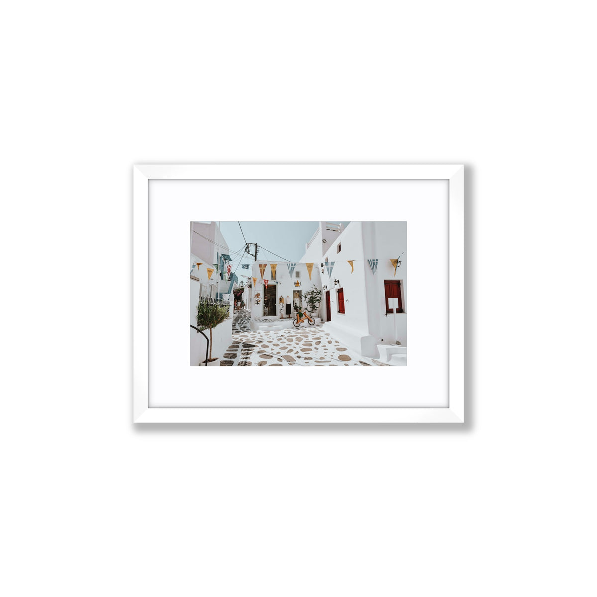 Cruising The Streets Mykonos Greek island wall art Small fine art print in white frame with matboard