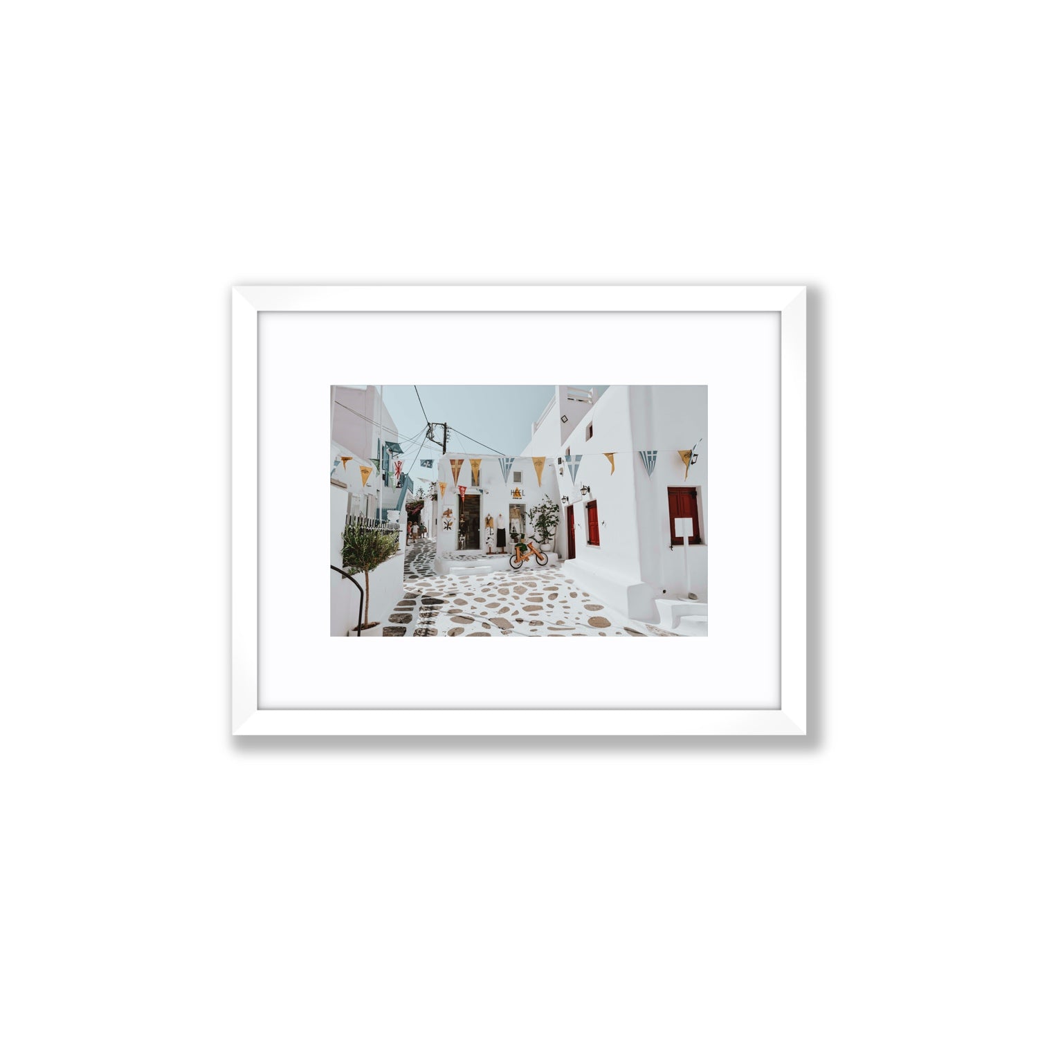 Cruising The Streets Mykonos Greek island wall art Small fine art print in white frame with matboard