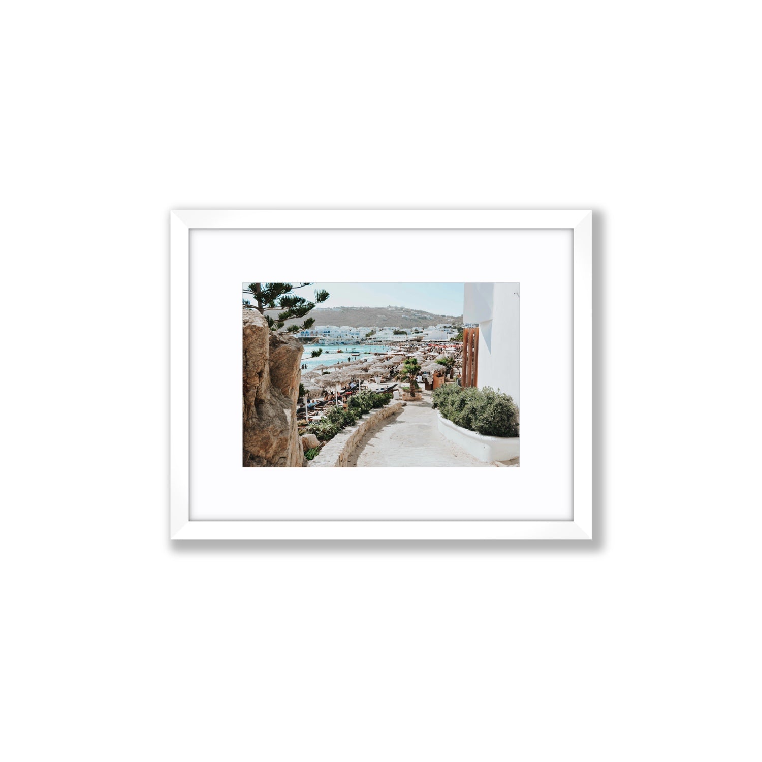 Kalimera Mykonos Greek island wall art Small fine art print in white frame with matboard
