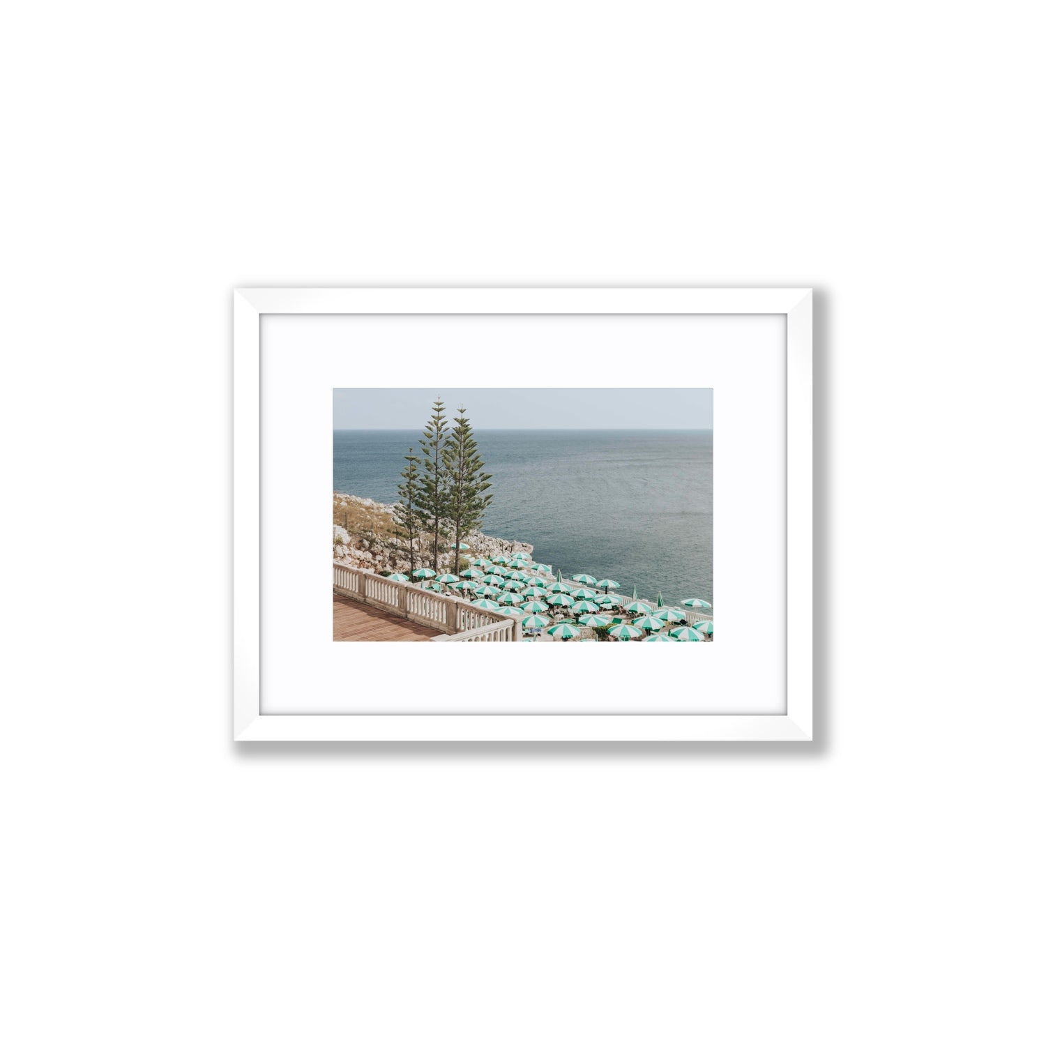 Azure Horizon Puglia beach coastal wall art Small fine art print in white frame with matboard