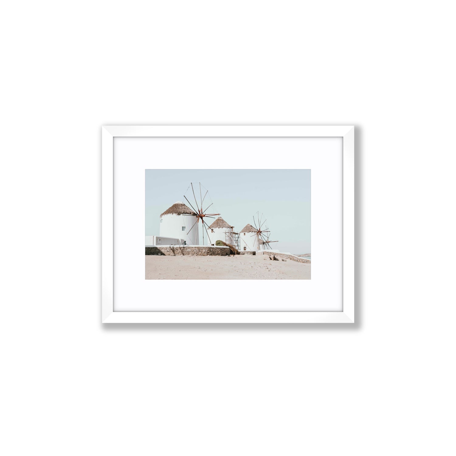 Rustic Icons Mykonos Greek island wall art Small fine art print in white frame with matboard