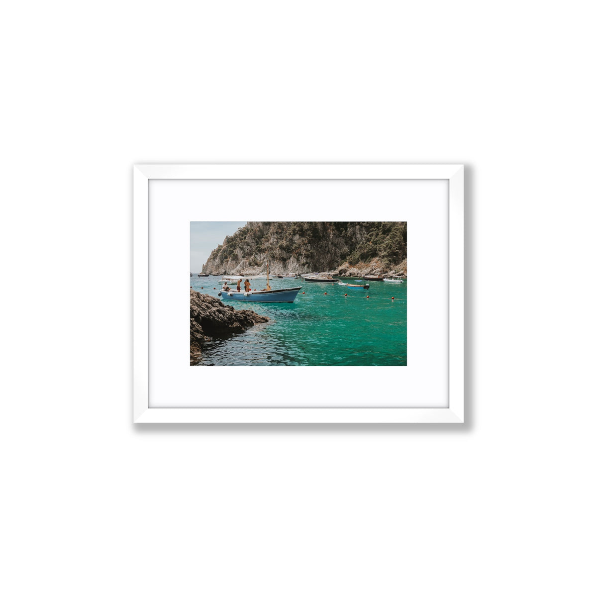 Cozy Cove Capri coastal Mediterranean wall art Small fine art print in white frame with matboard