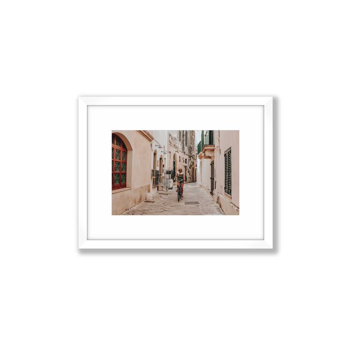 La Donna In Bicicletta Puglia Wall Italian fine art print Small fine art print in white frame with matboard