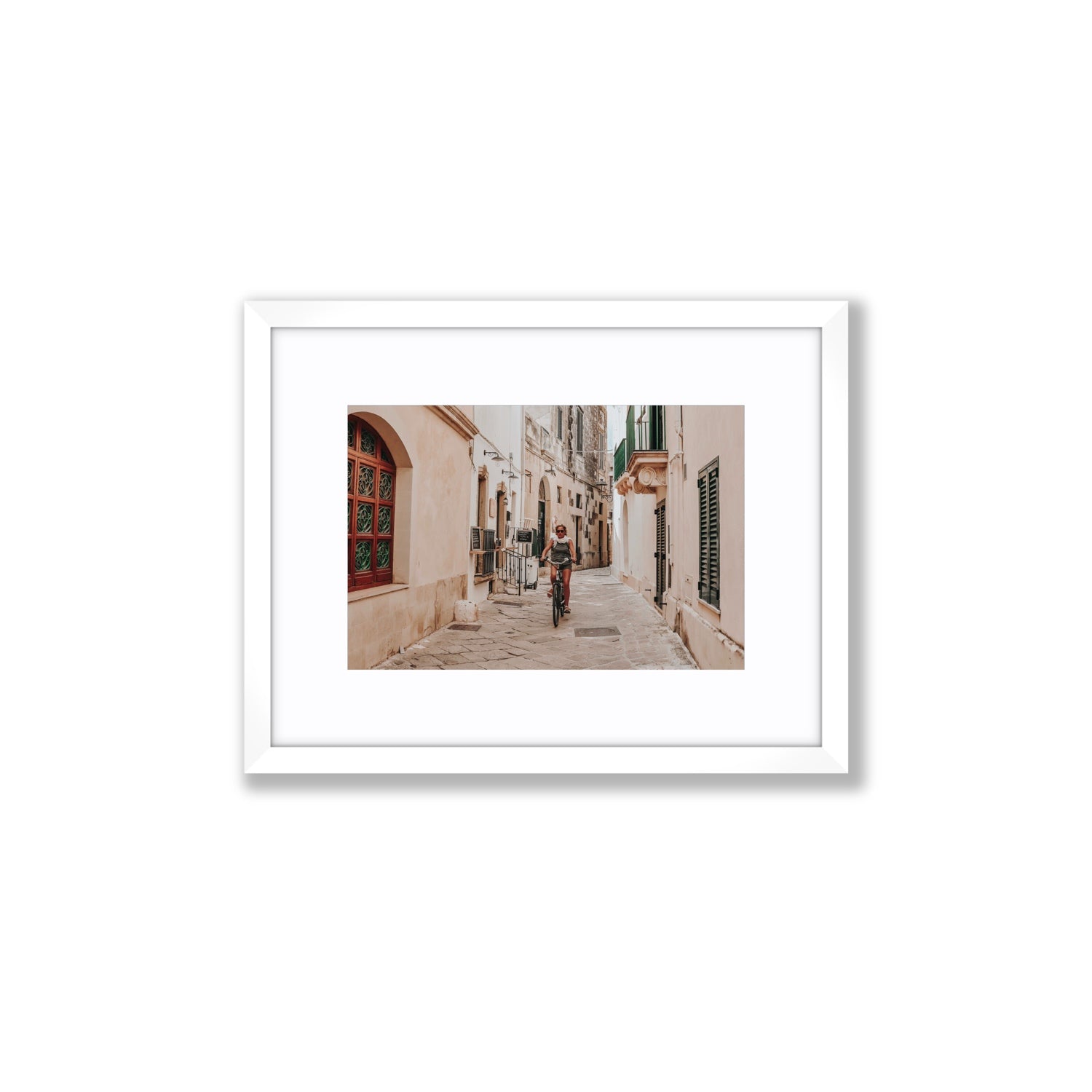 La Donna In Bicicletta Puglia Wall Italian fine art print Small fine art print in white frame with matboard