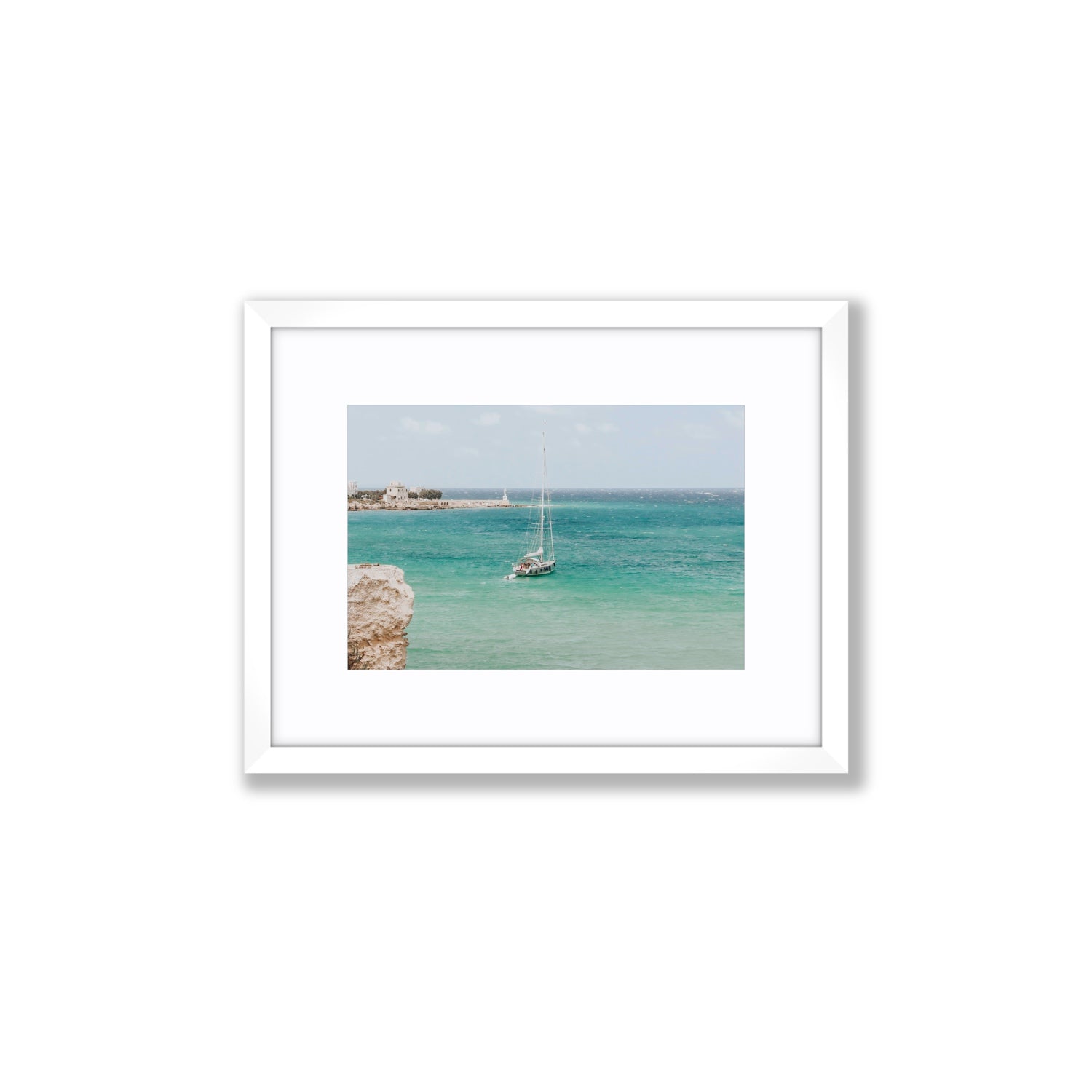 Adriatic Escape Puglia Italian coastal decor wall art Small fine art print in white frame with matboard