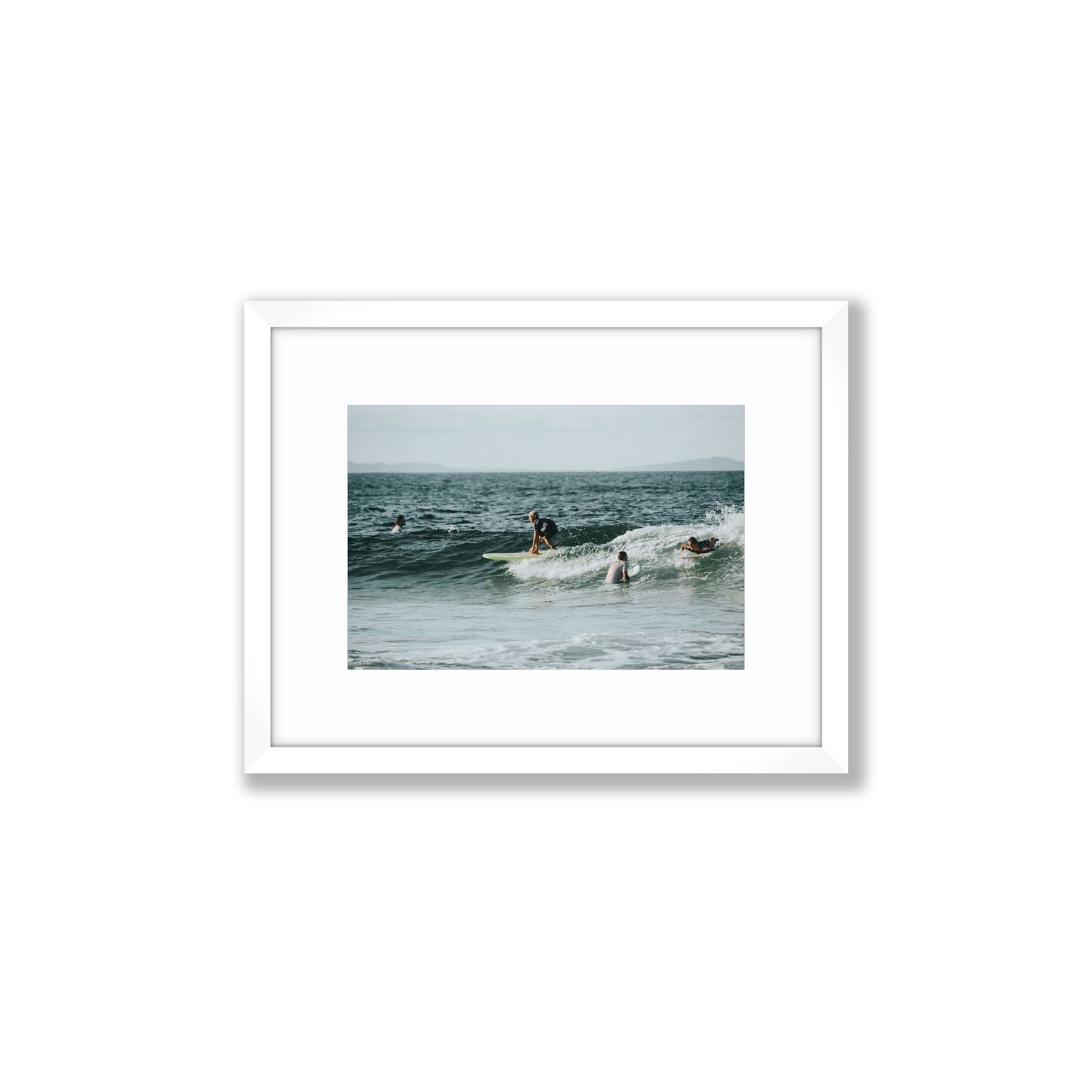 The Boys of Summer Byron Bay Surf coastal wall art Small fine art print in white frame with matboard