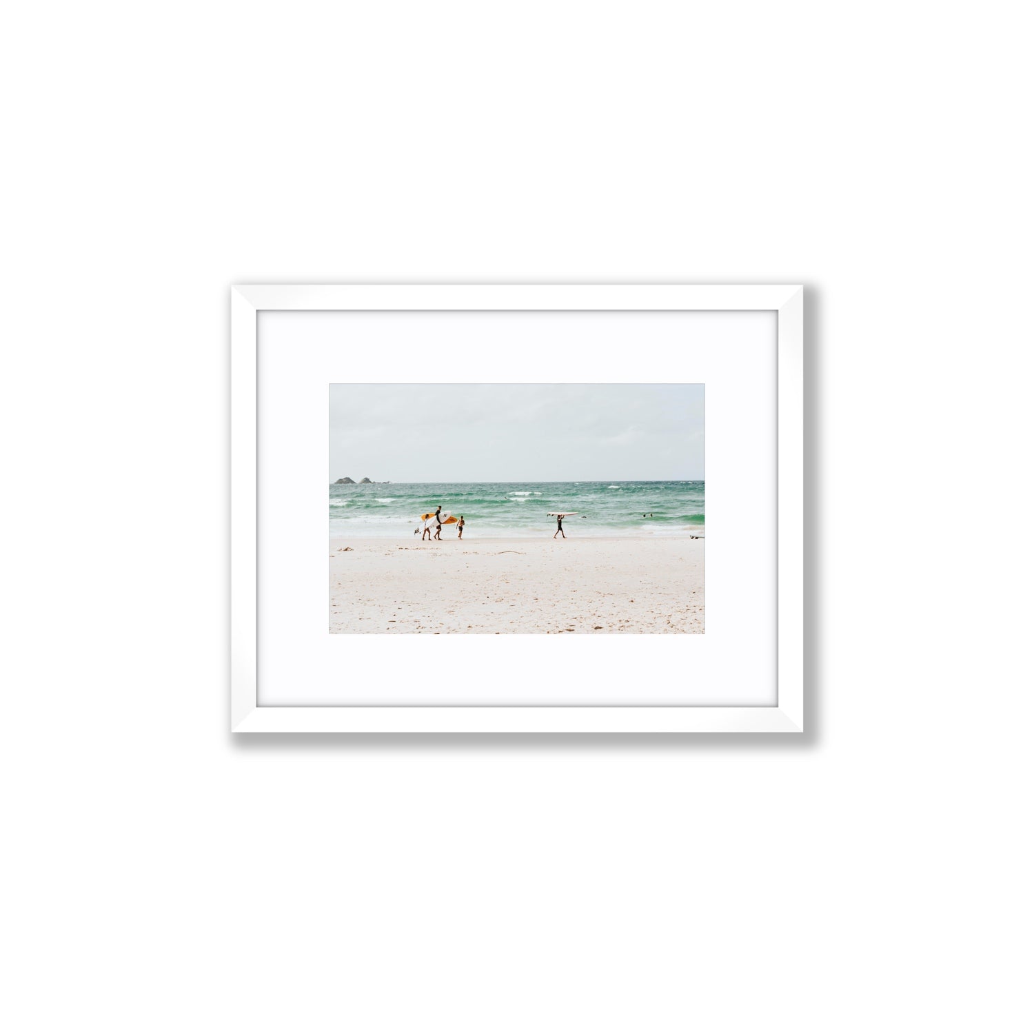 La Famiglia Byron Bay Family Surf coastal wall art Small fine art print in white frame with matboard