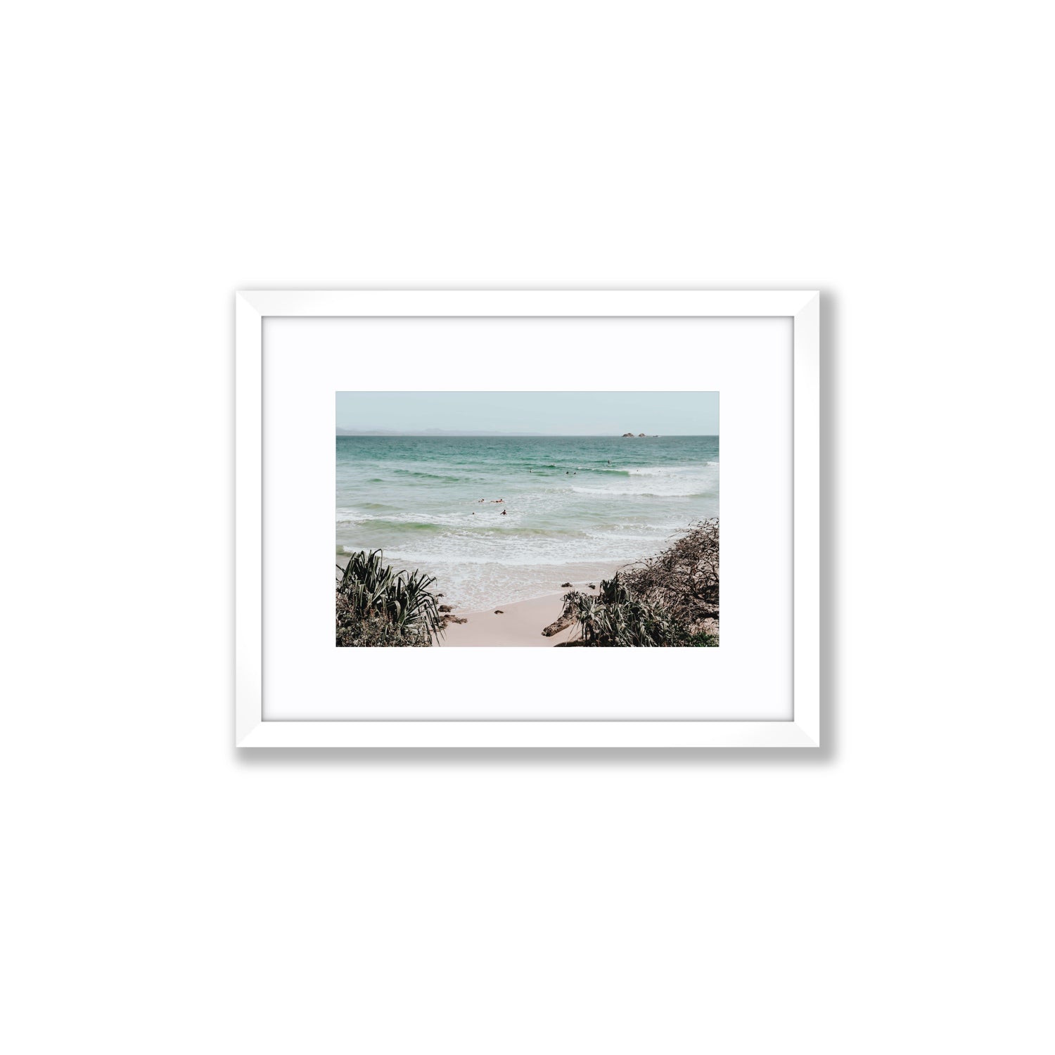 Surf City Byron Bay Surf coastal wall art Small fine art print in white frame with matboard