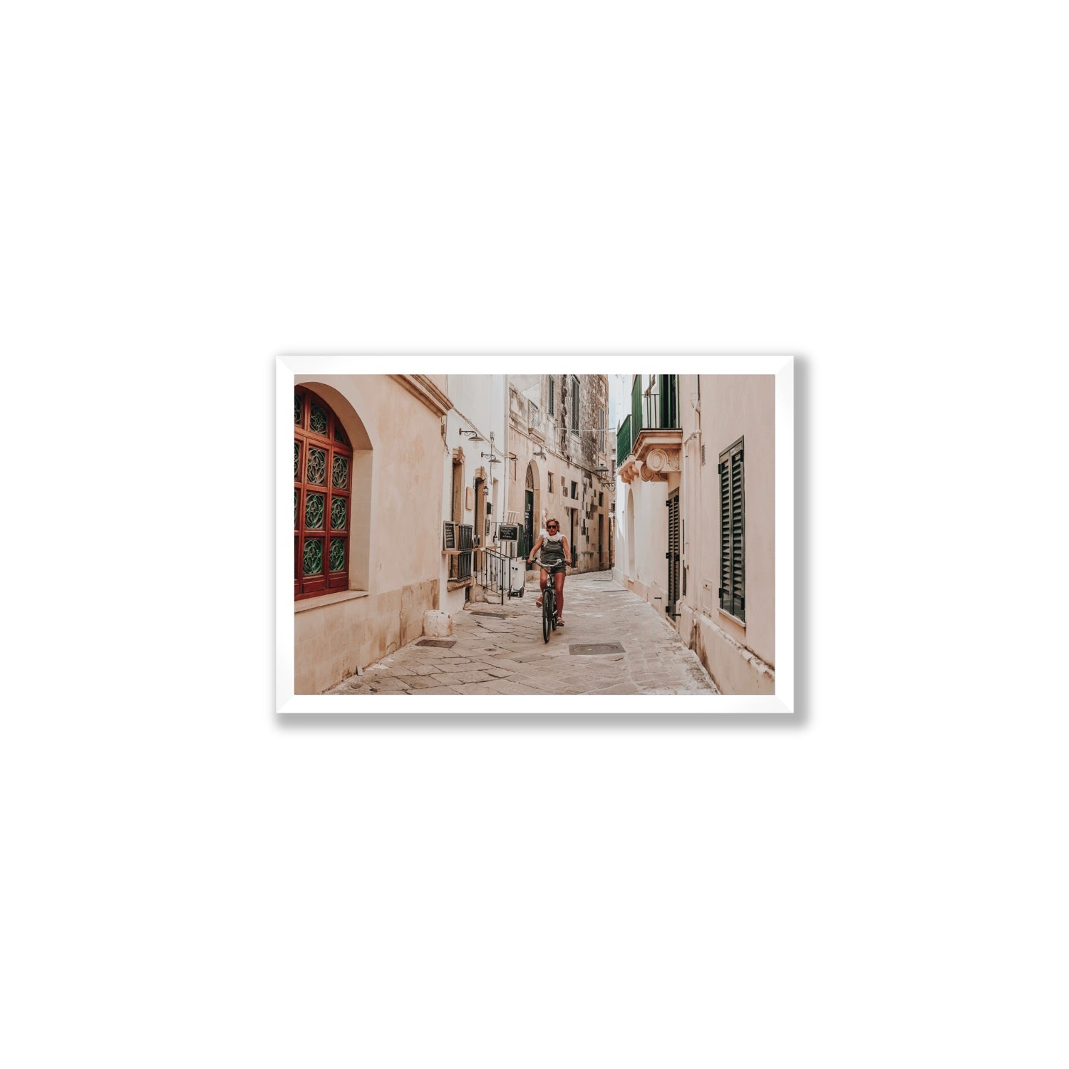 La Donna In Bicicletta Puglia Wall Italian fine art print Medium full-bleed fine art print in white frame