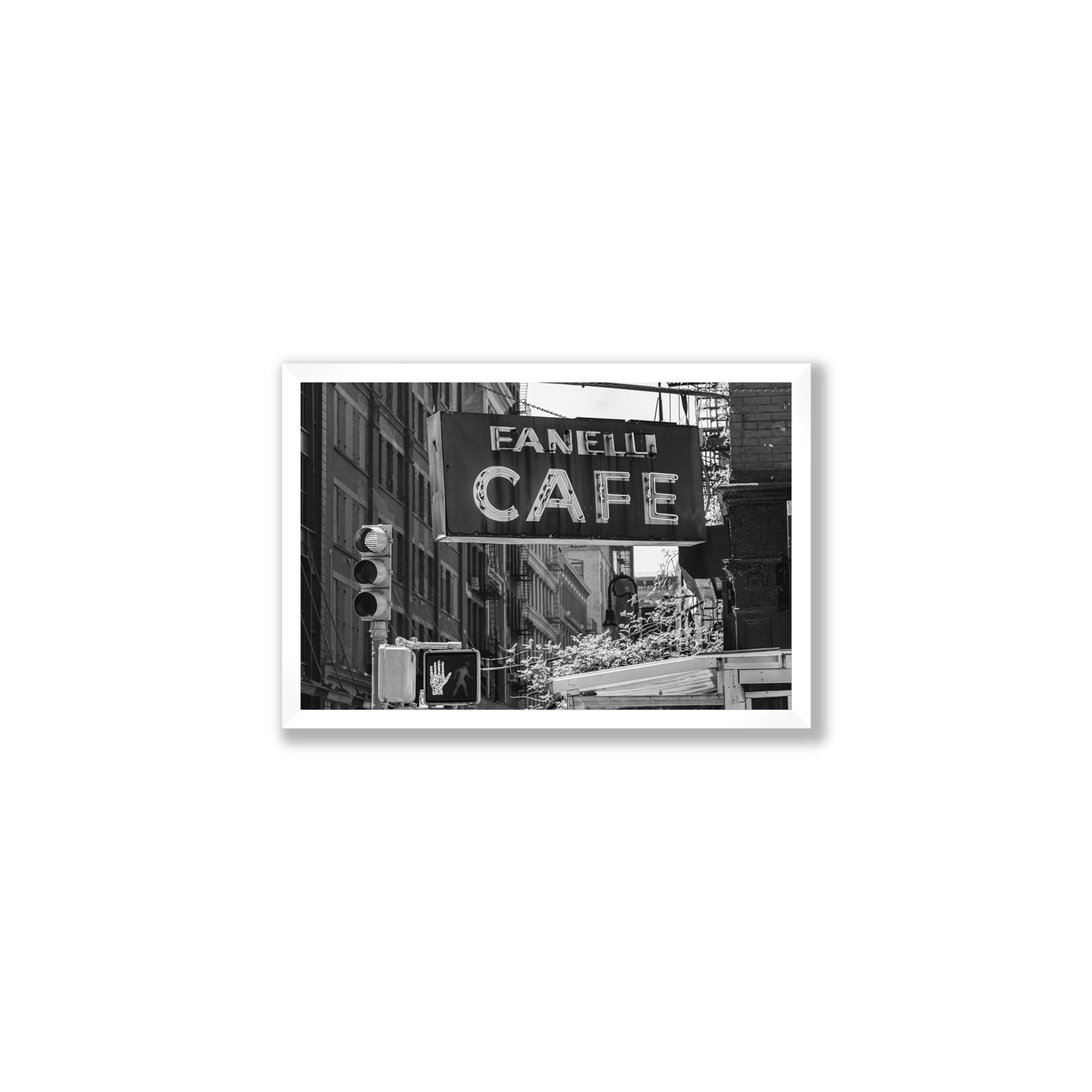 Soho Neon New York NYC Black & White wall art Medium full-bleed fine art print in white frame