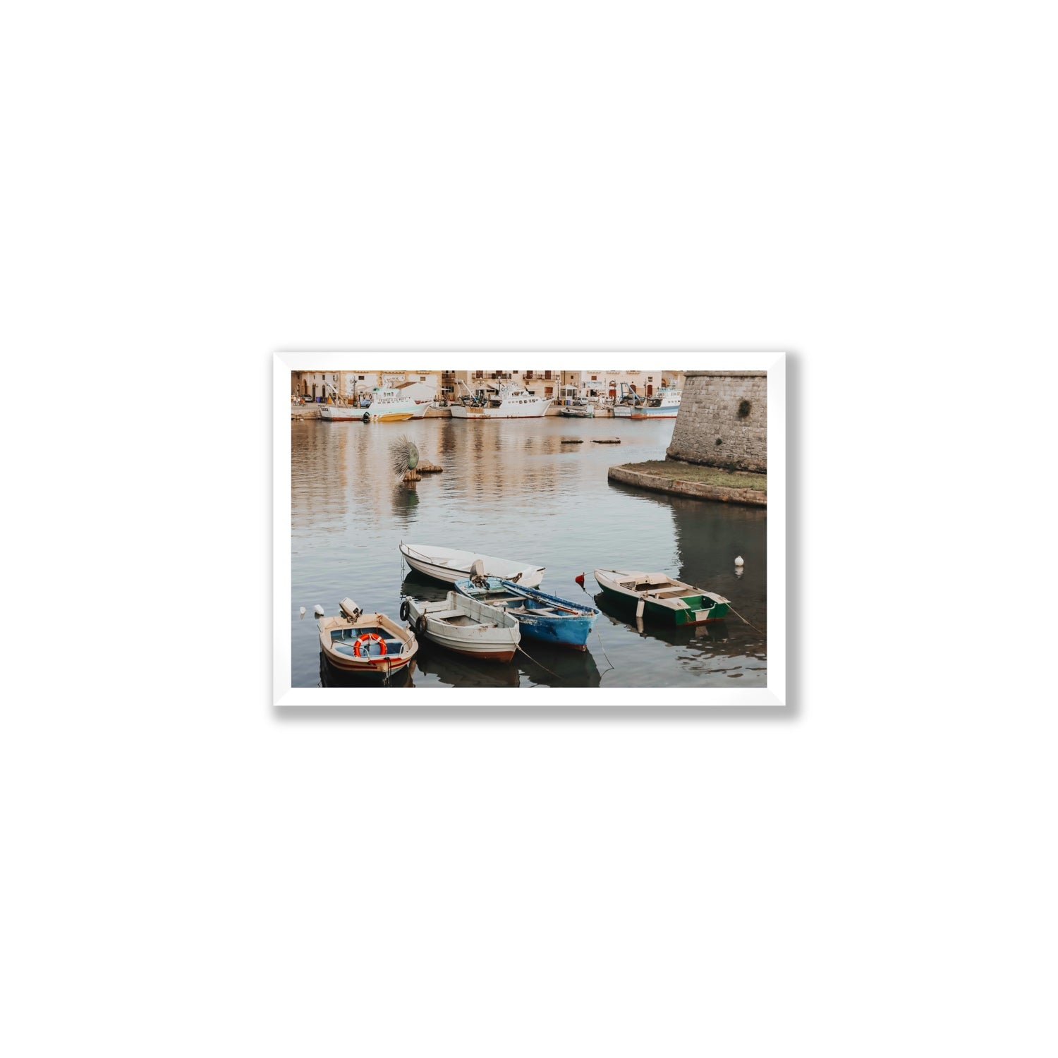 Cinque Barche Puglia Gallipoli Italian art print Medium full-bleed fine art print in white frame